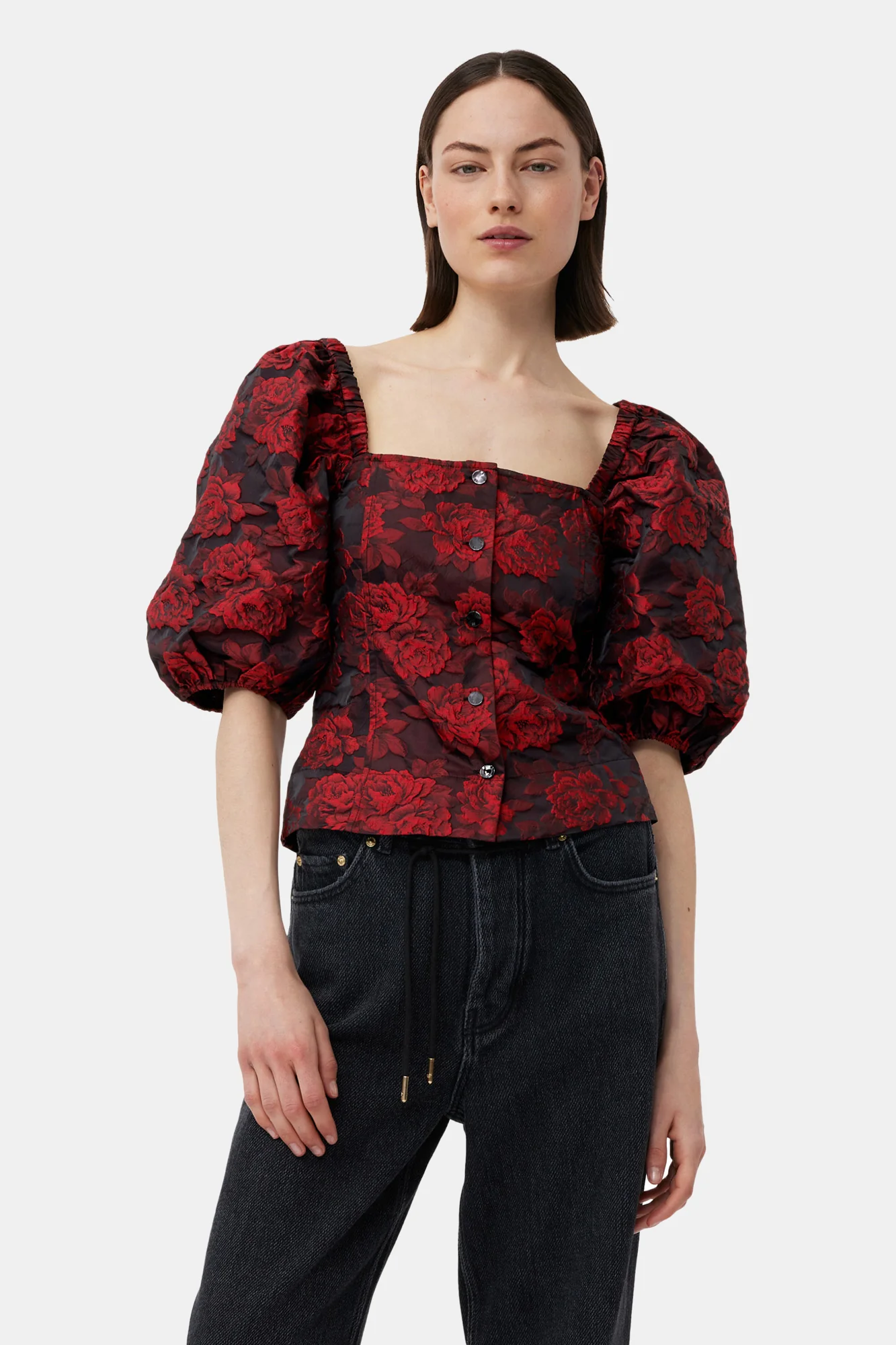 Botanical Jacquard Fitted Blouse | High Risk Red - Image 3