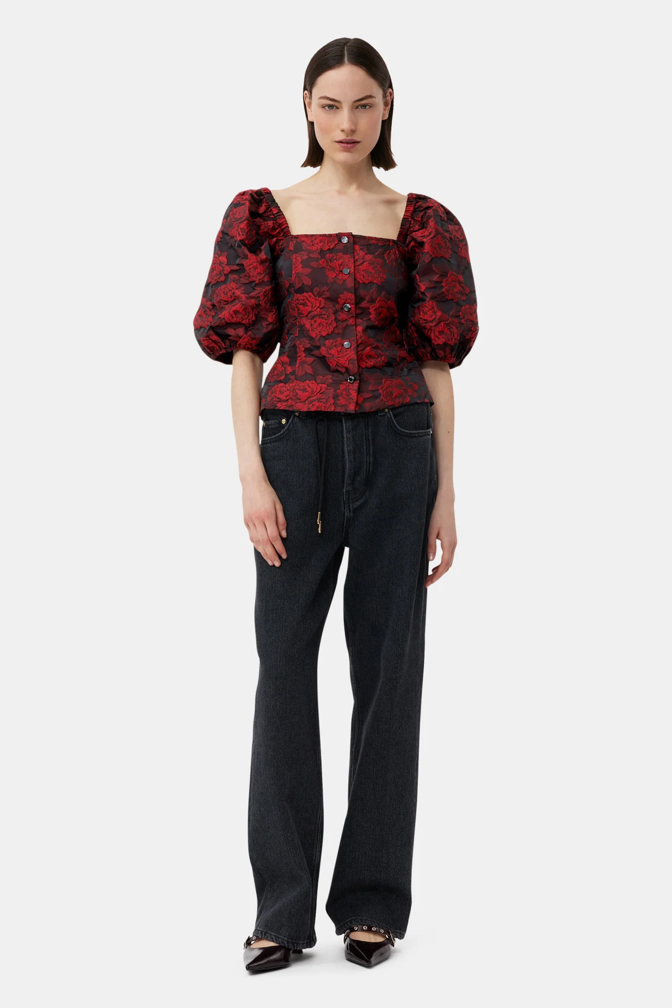 Botanical Jacquard Fitted Blouse | High Risk Red - Image 4
