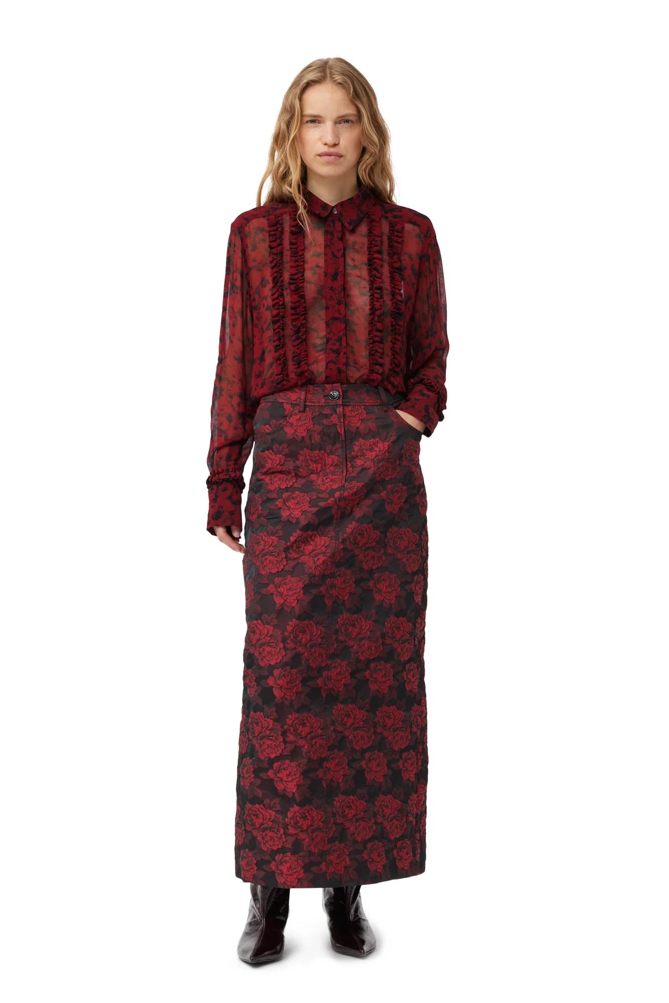 Botanical Jacquard Long Skirt | High Risk Red - Image 3