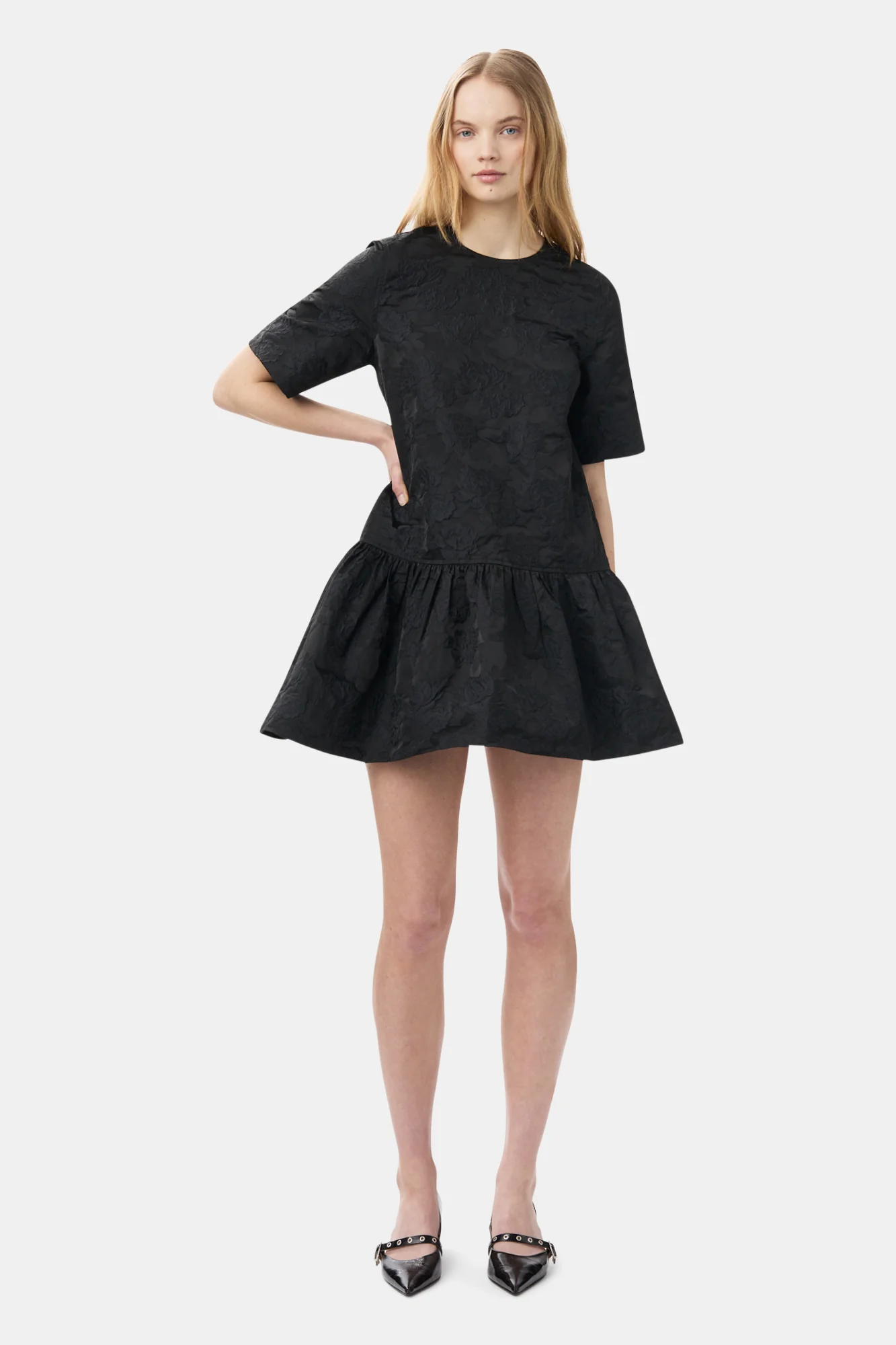 Botanical Jacquard Open-back Mini Dress | Black - Image 3