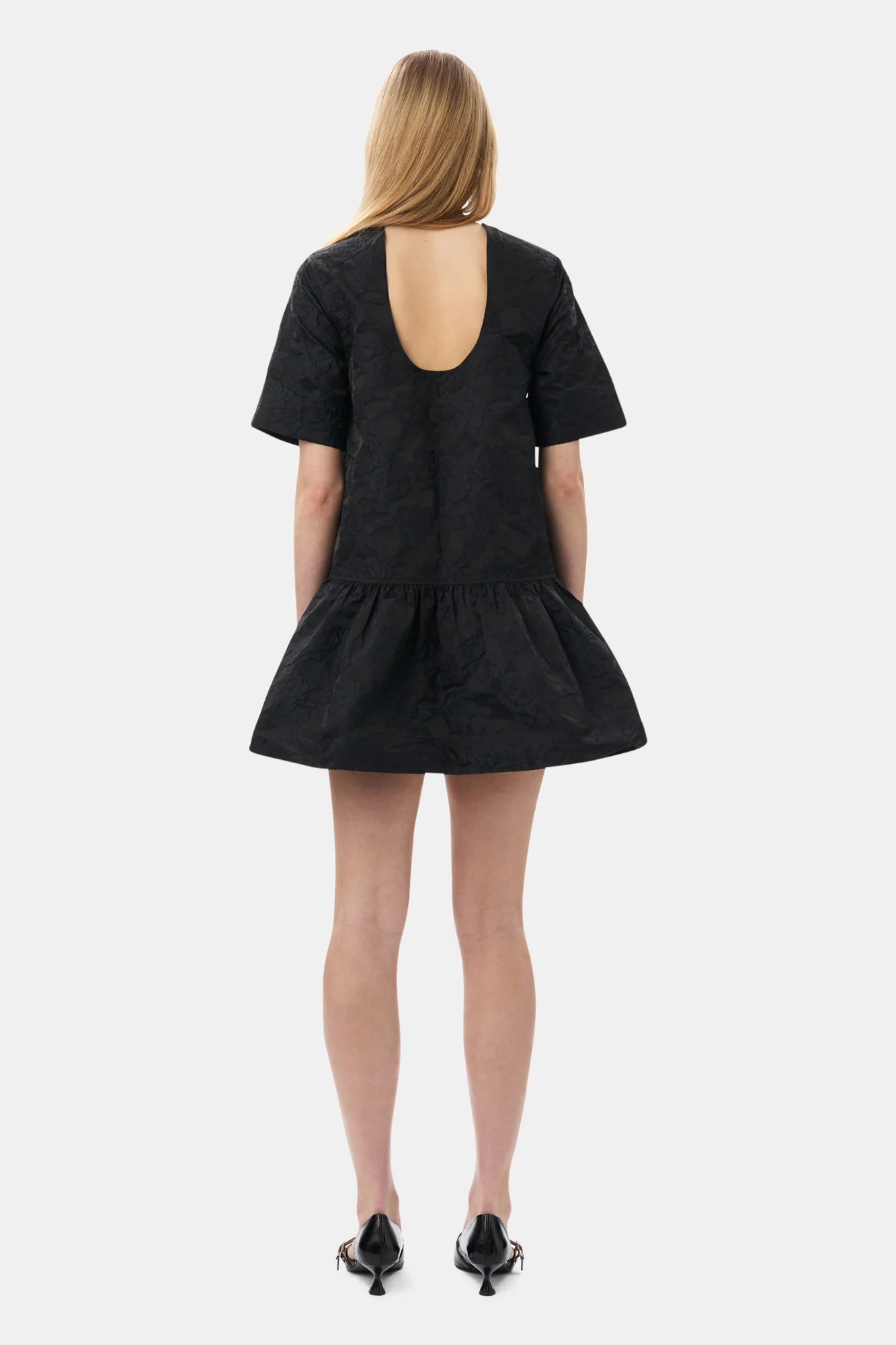 Botanical Jacquard Open-back Mini Dress | Black - Image 6