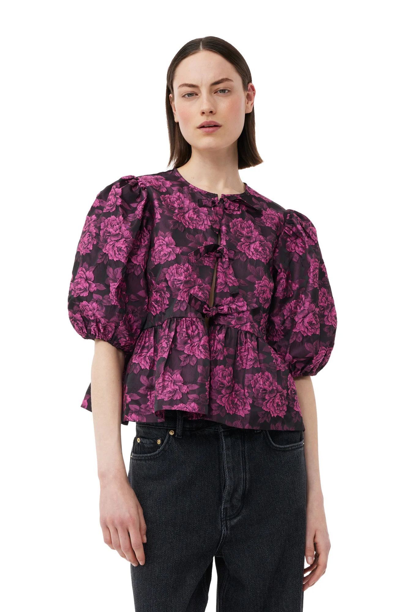 Botanical Jacquard Peplum Blouse | Cone Flower - Image 3