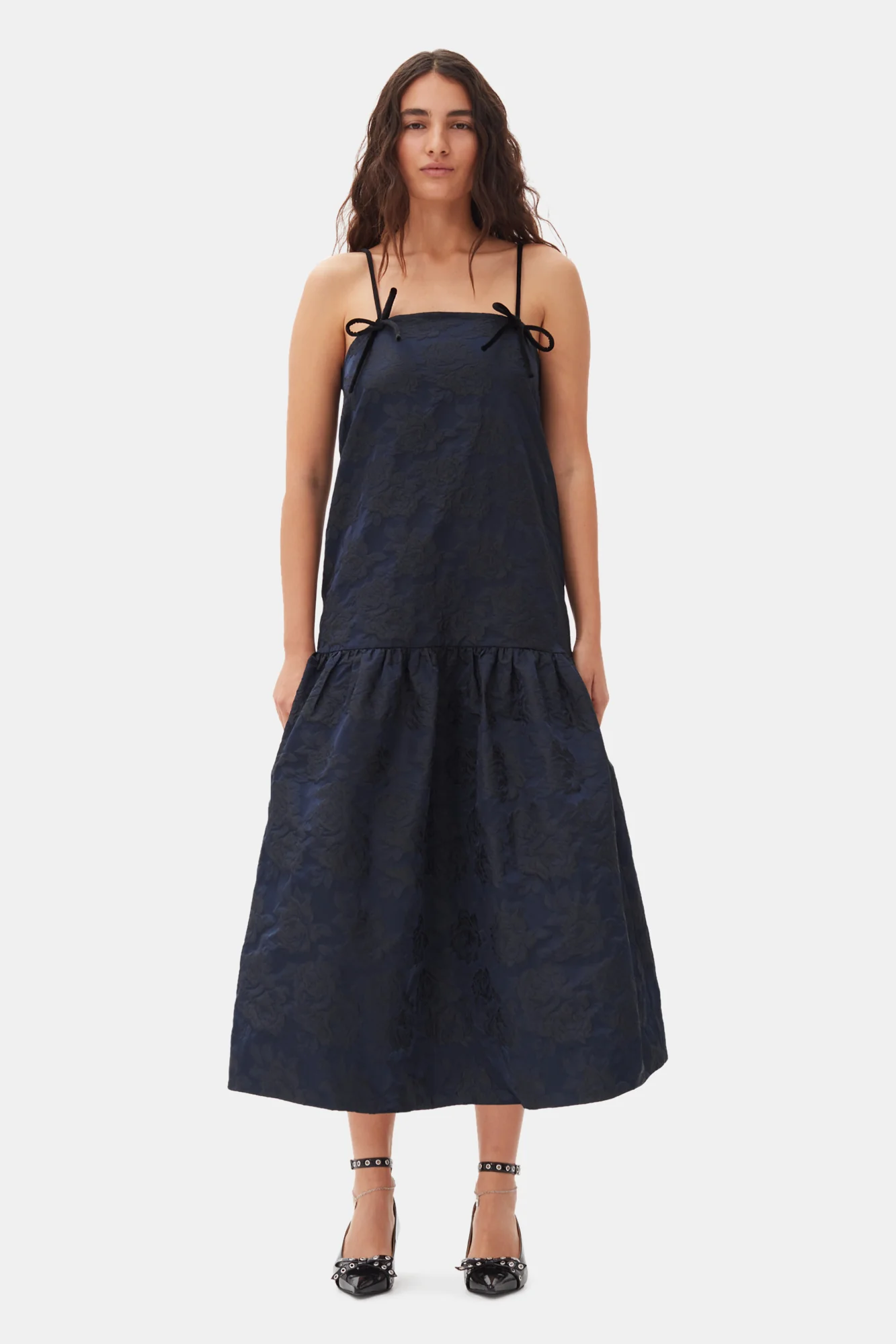 Botanical Jacquard Strap Midi Dress | Peacoat - Image 3