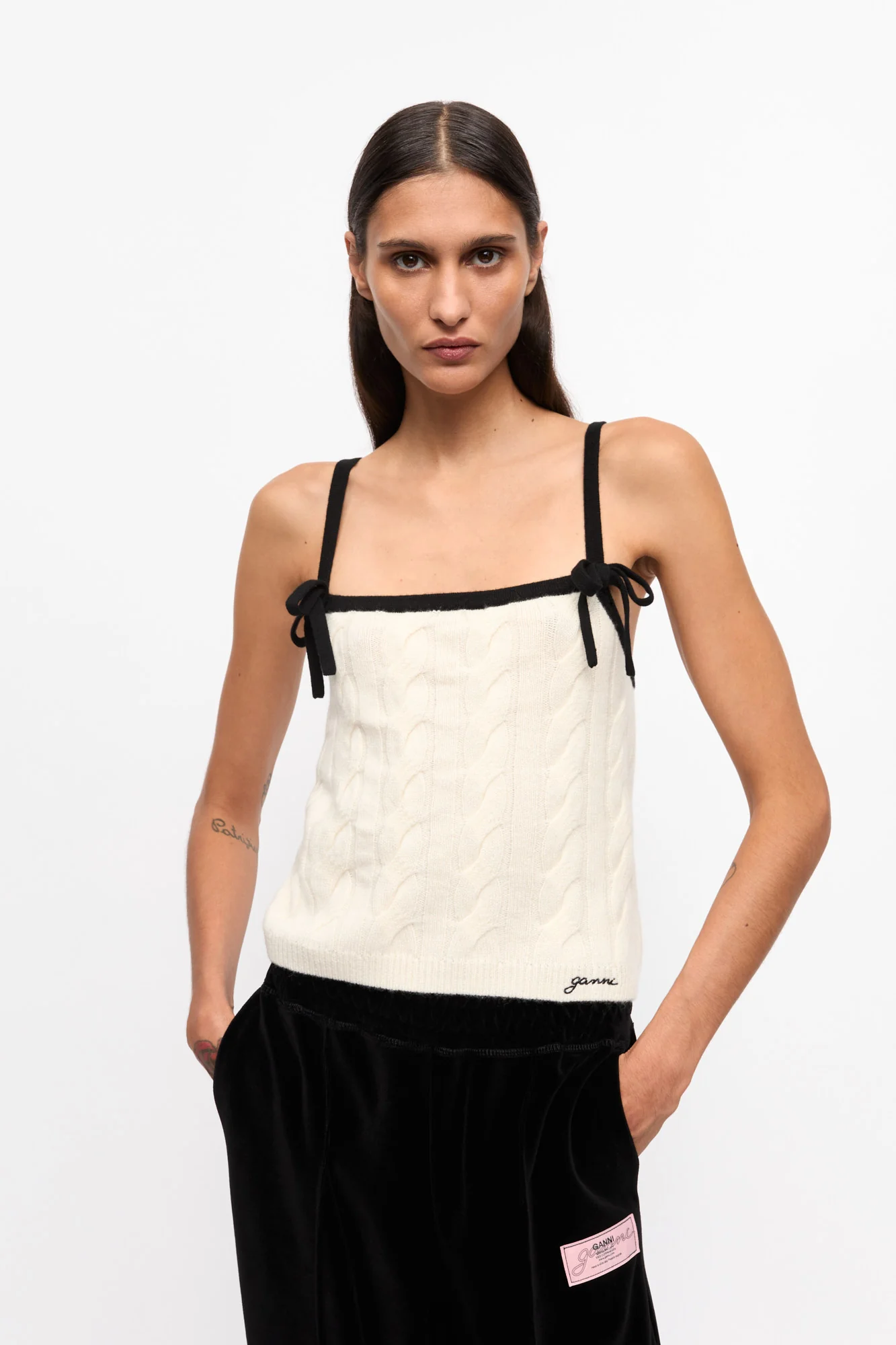 Cashmere Mix Cable Knit Top | Egret - Image 3