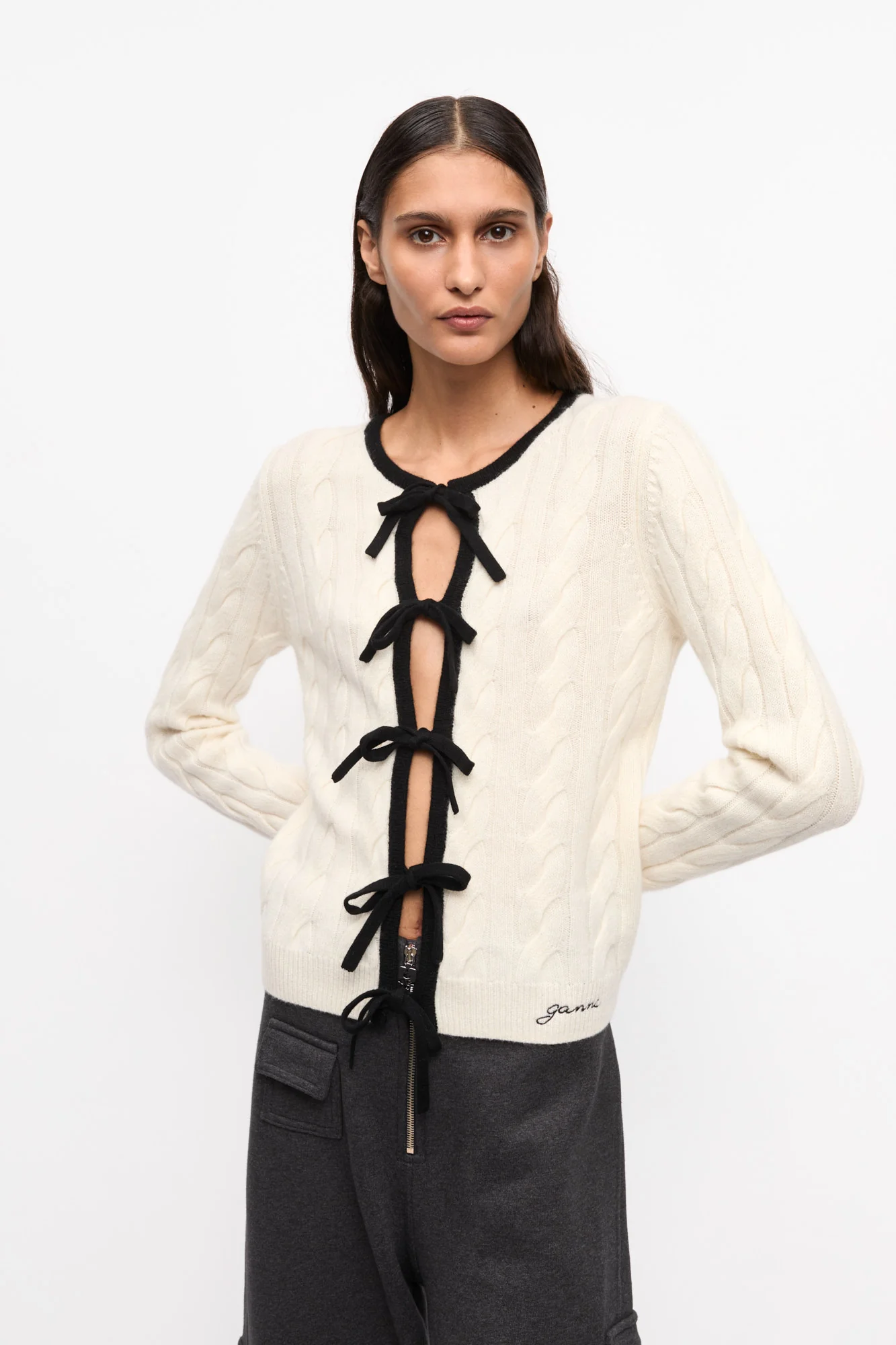 Cashmere Mix Tie String Cardigan | Egret - Image 3
