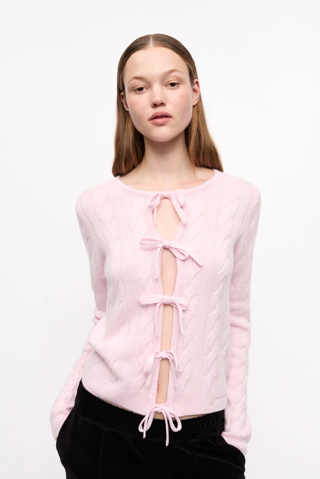 Cashmere Mix Tie String Cardigan | Mauve Chalk - Image 3