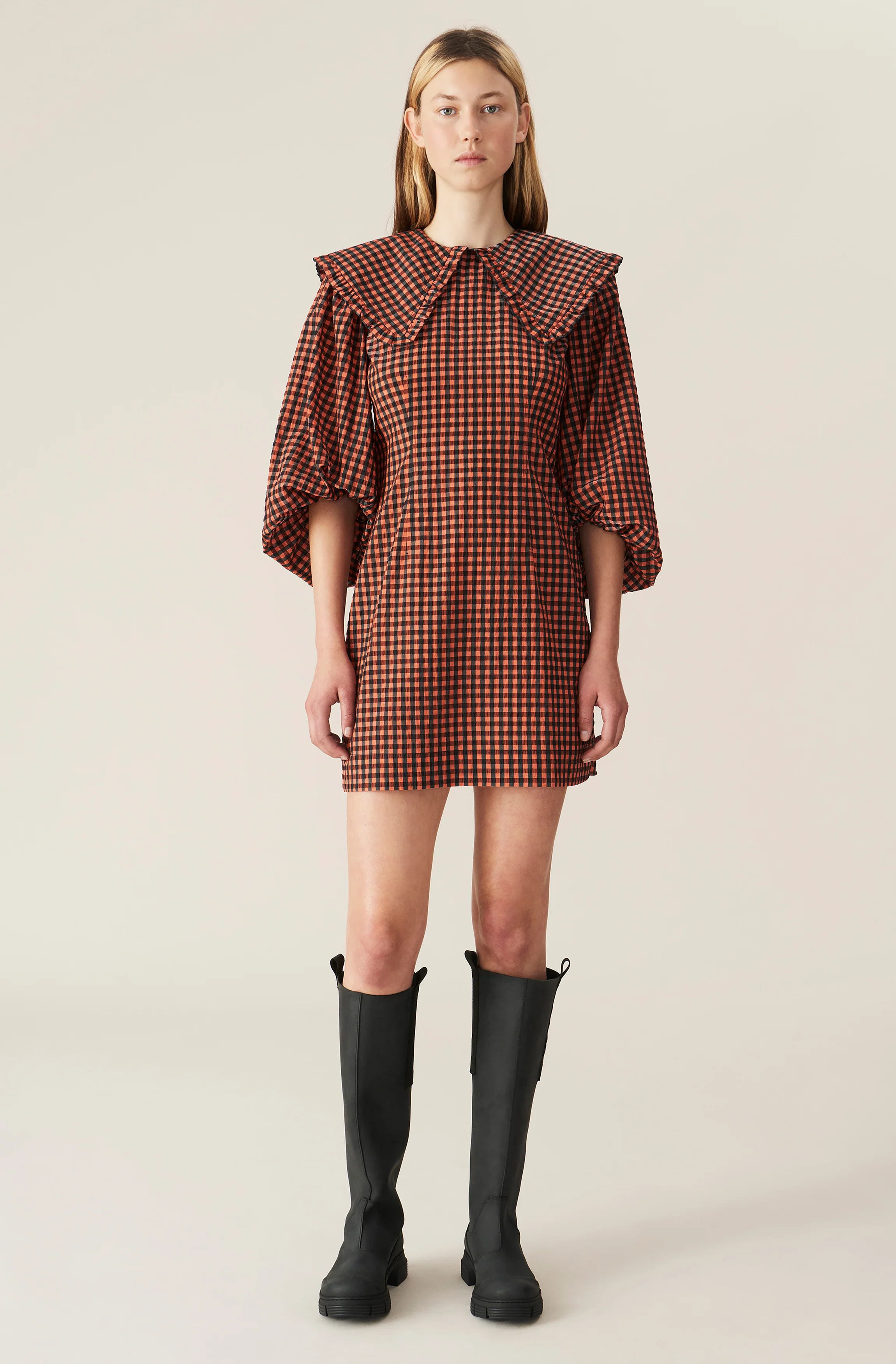 Check Seersucker Mini Dress | Flame - Image 2