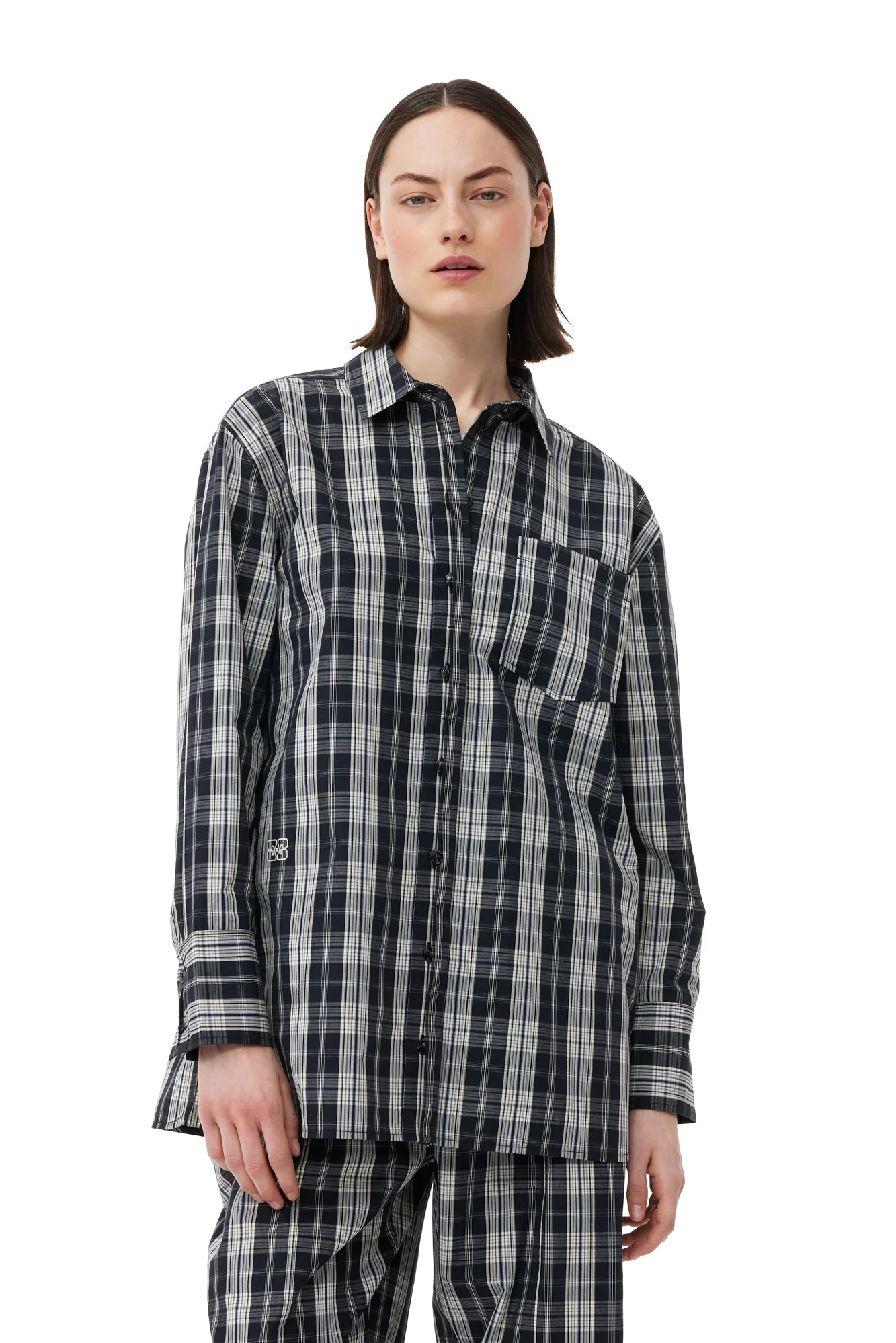 Checkered Cotton Oversized Raglan Shirt | Black - Image 3