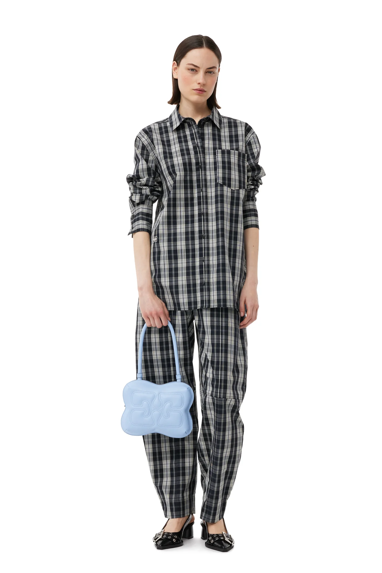 Checkered Cotton Oversized Raglan Shirt | Black - Image 4