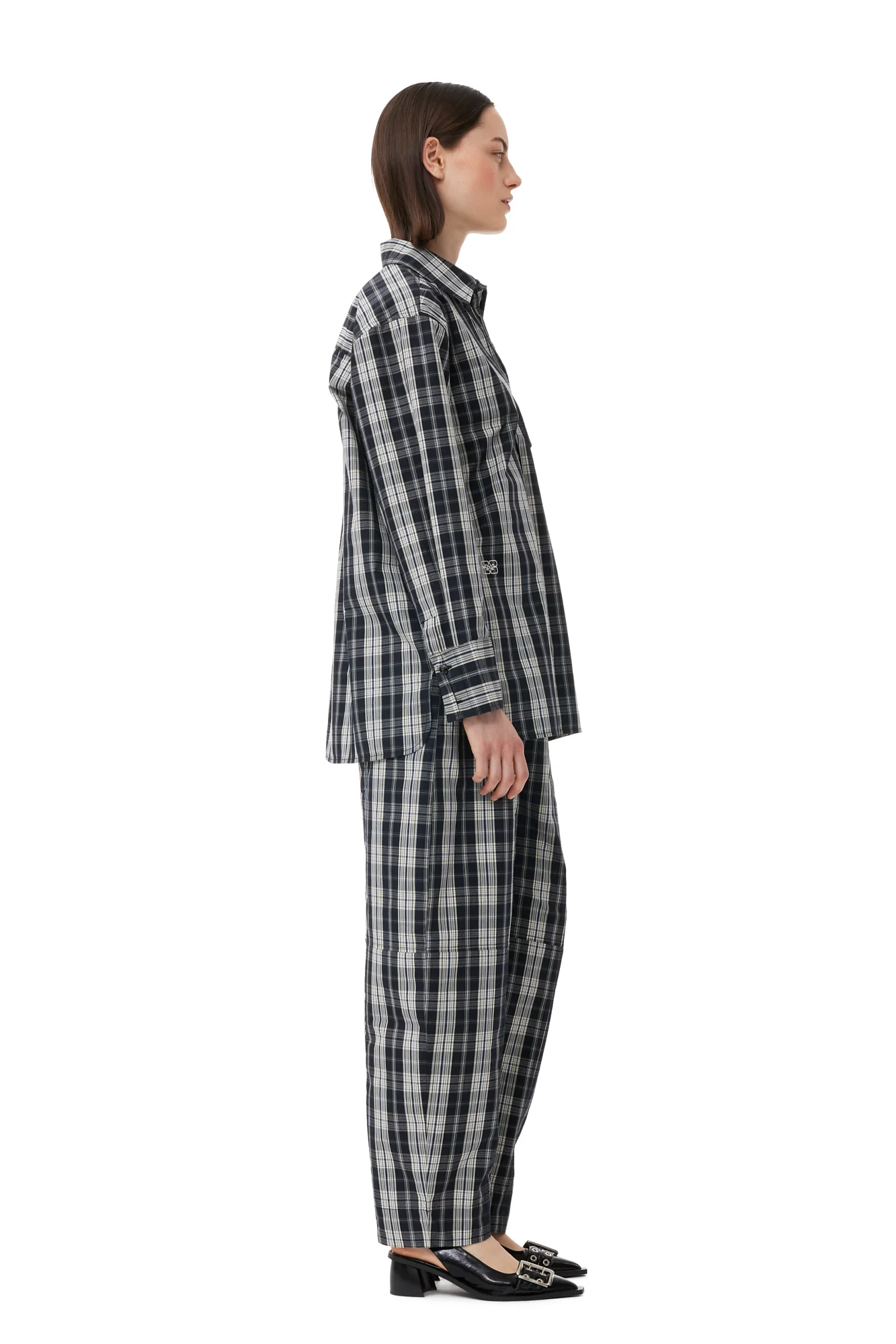 Checkered Cotton Oversized Raglan Shirt | Black - Image 6