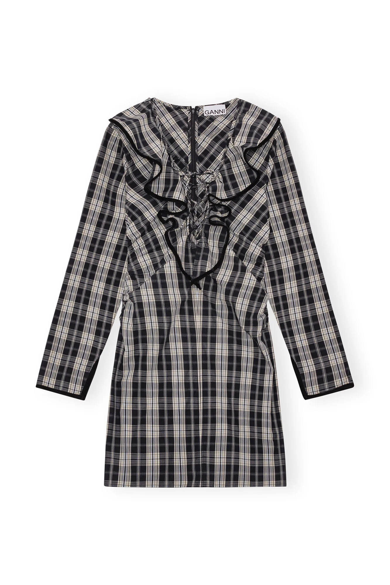 Checkered Cotton Ruffle V-Neck Mini Dress | Black