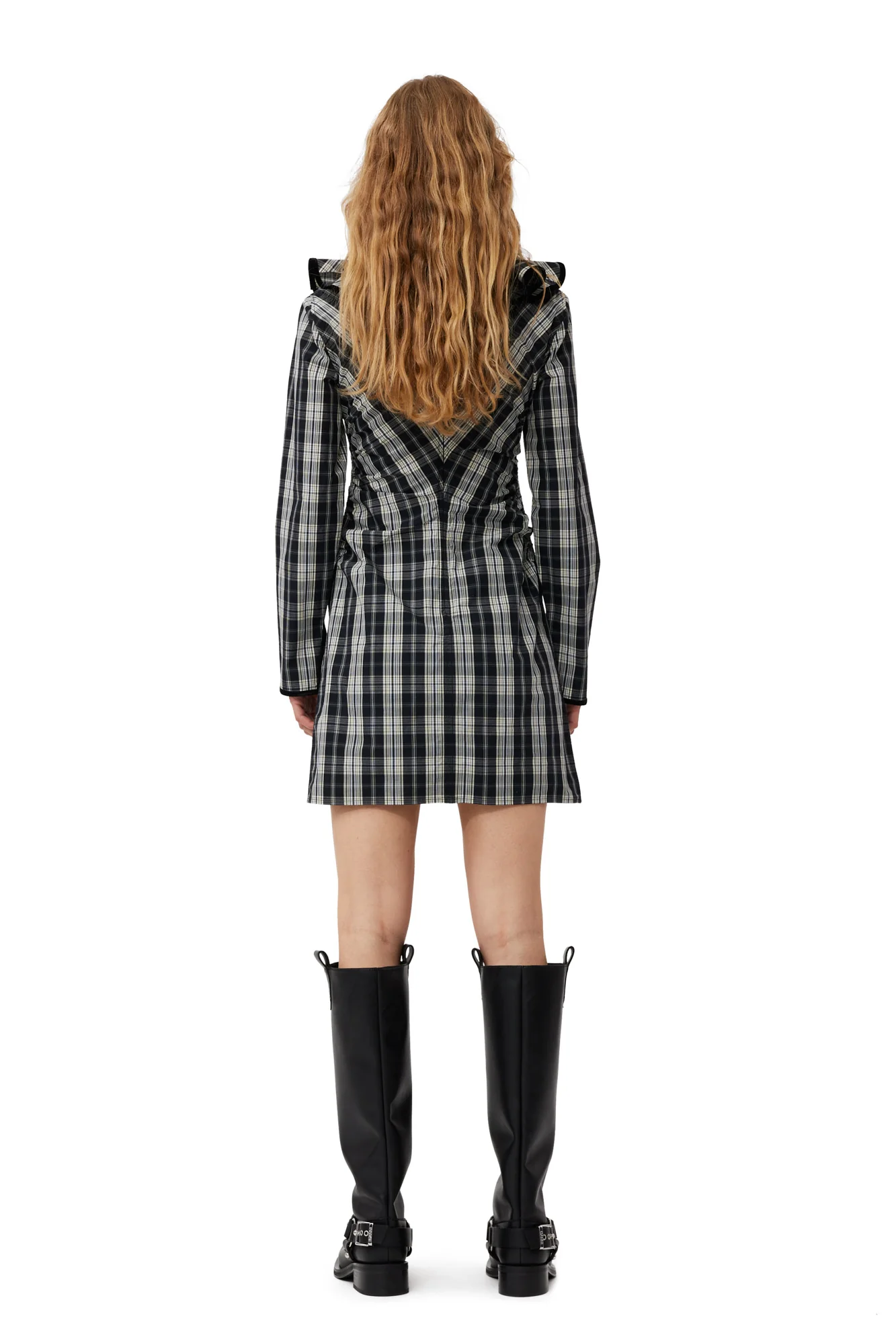 Checkered Cotton Ruffle V-Neck Mini Dress | Black - Image 4