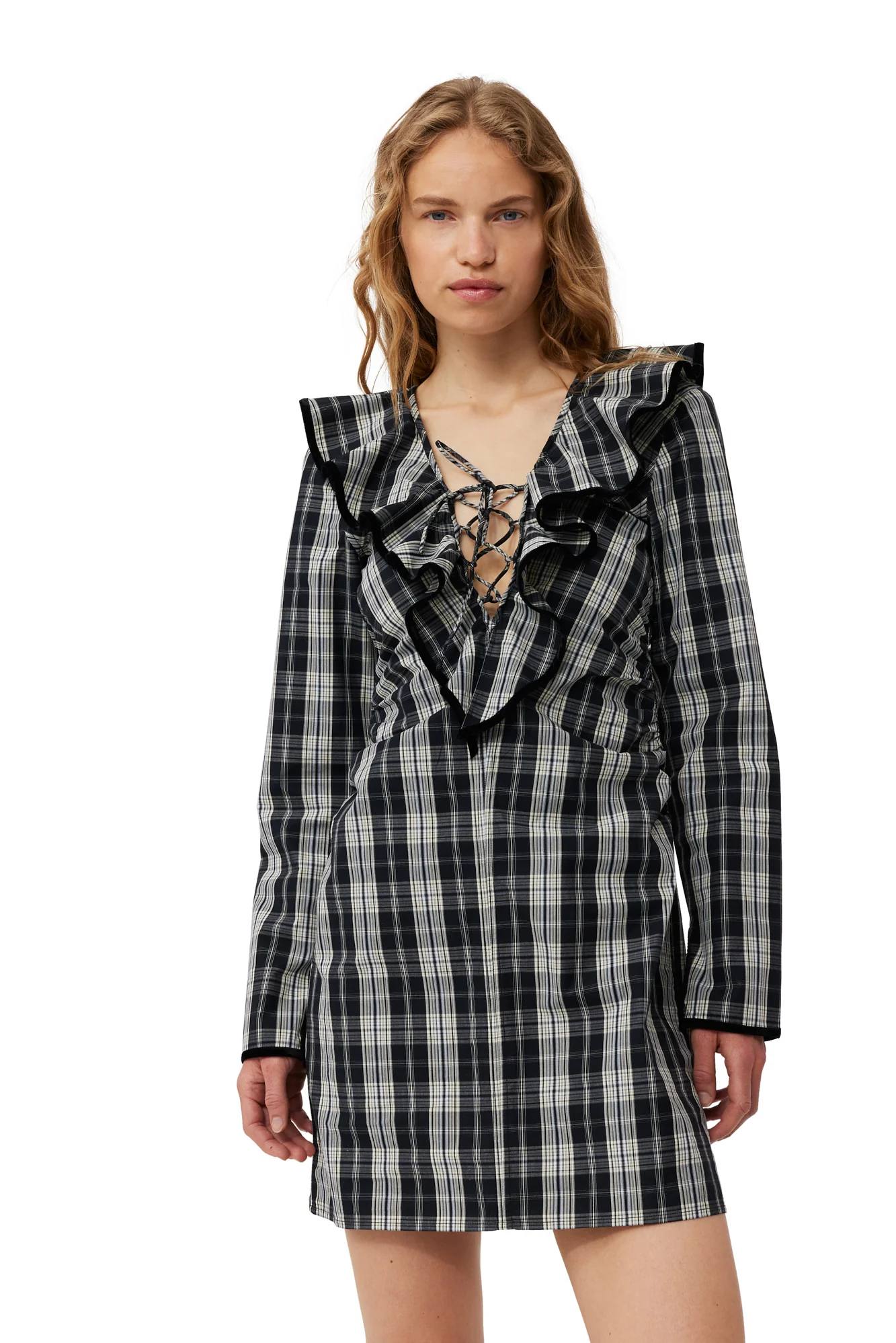 Checkered Cotton Ruffle V-Neck Mini Dress | Black - Image 6