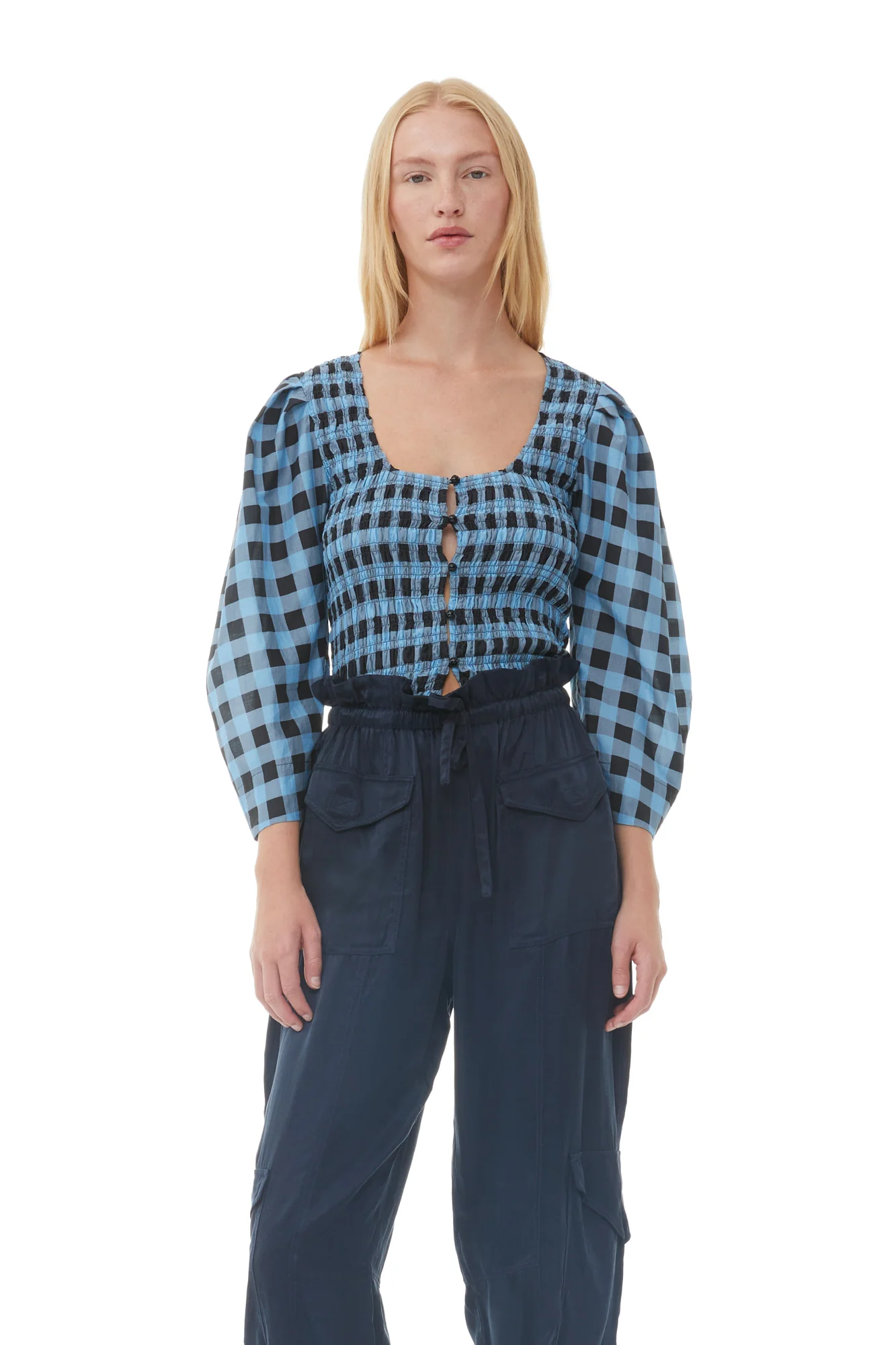 Checkered Cotton Silk Blouse | Alaskan Blue - Image 3