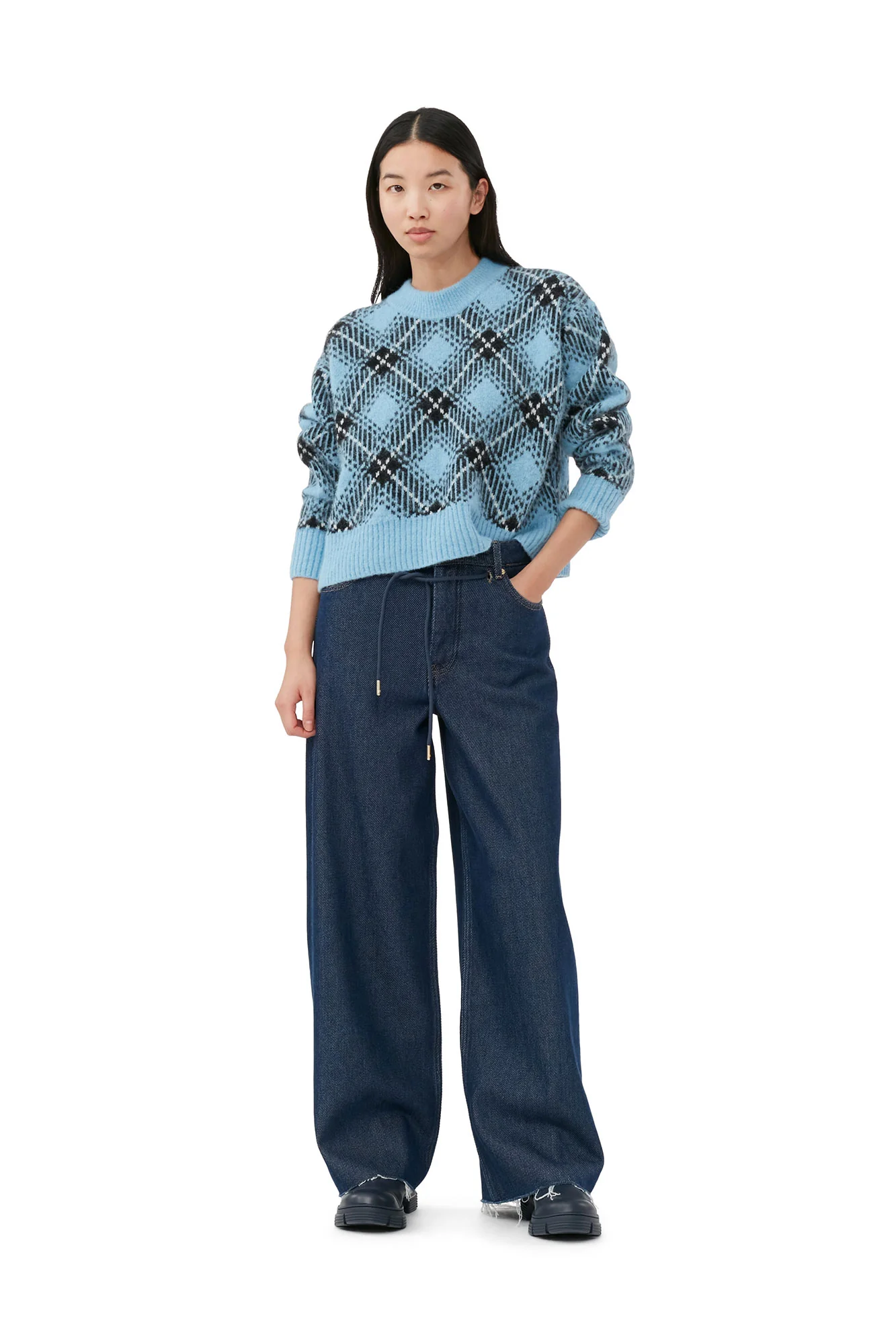 Checkered Oversized Wool Pullover | Silver Lake Blue - Image 3