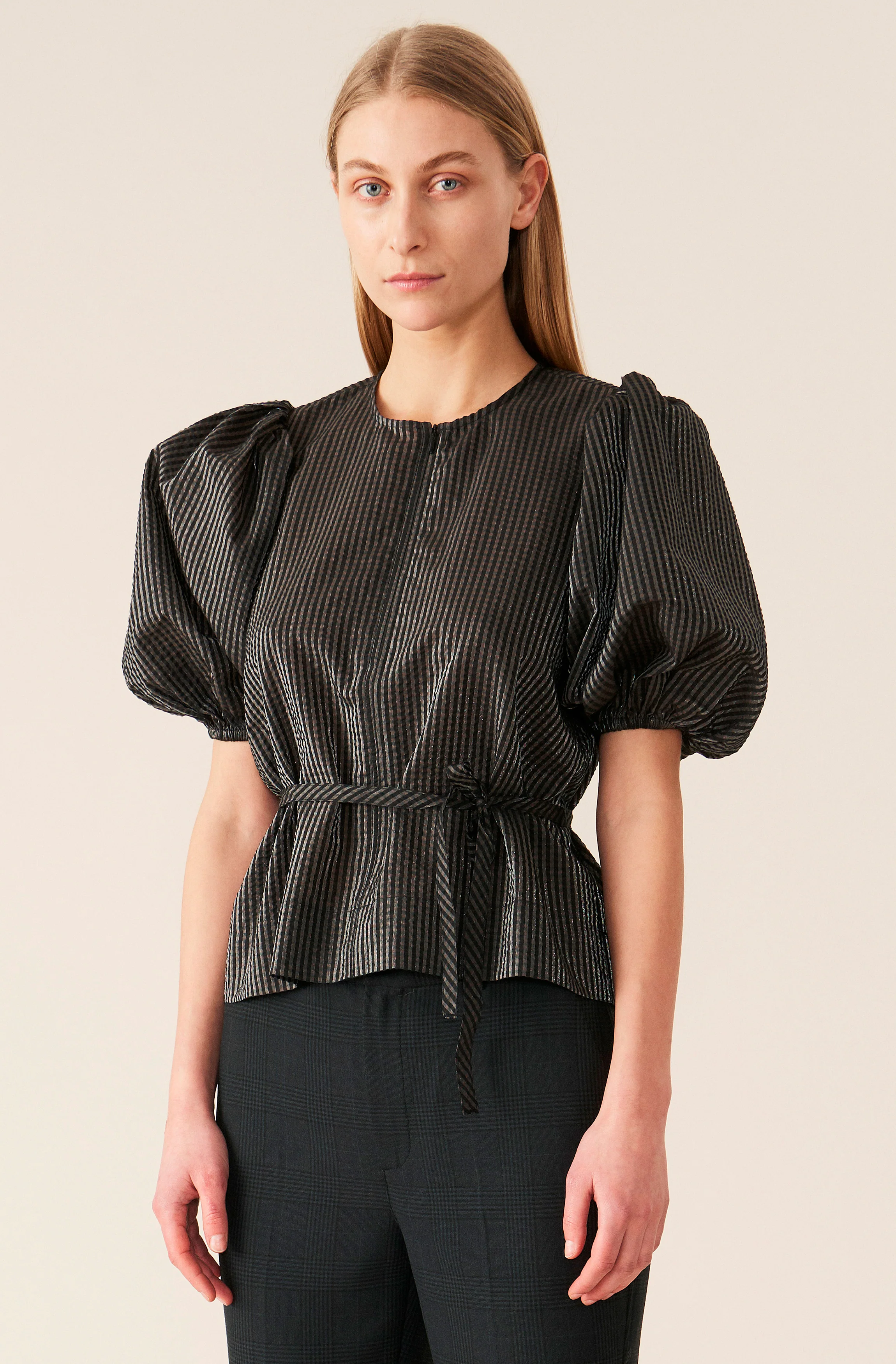 Checkered Seersucker Blouse | Black - Image 2