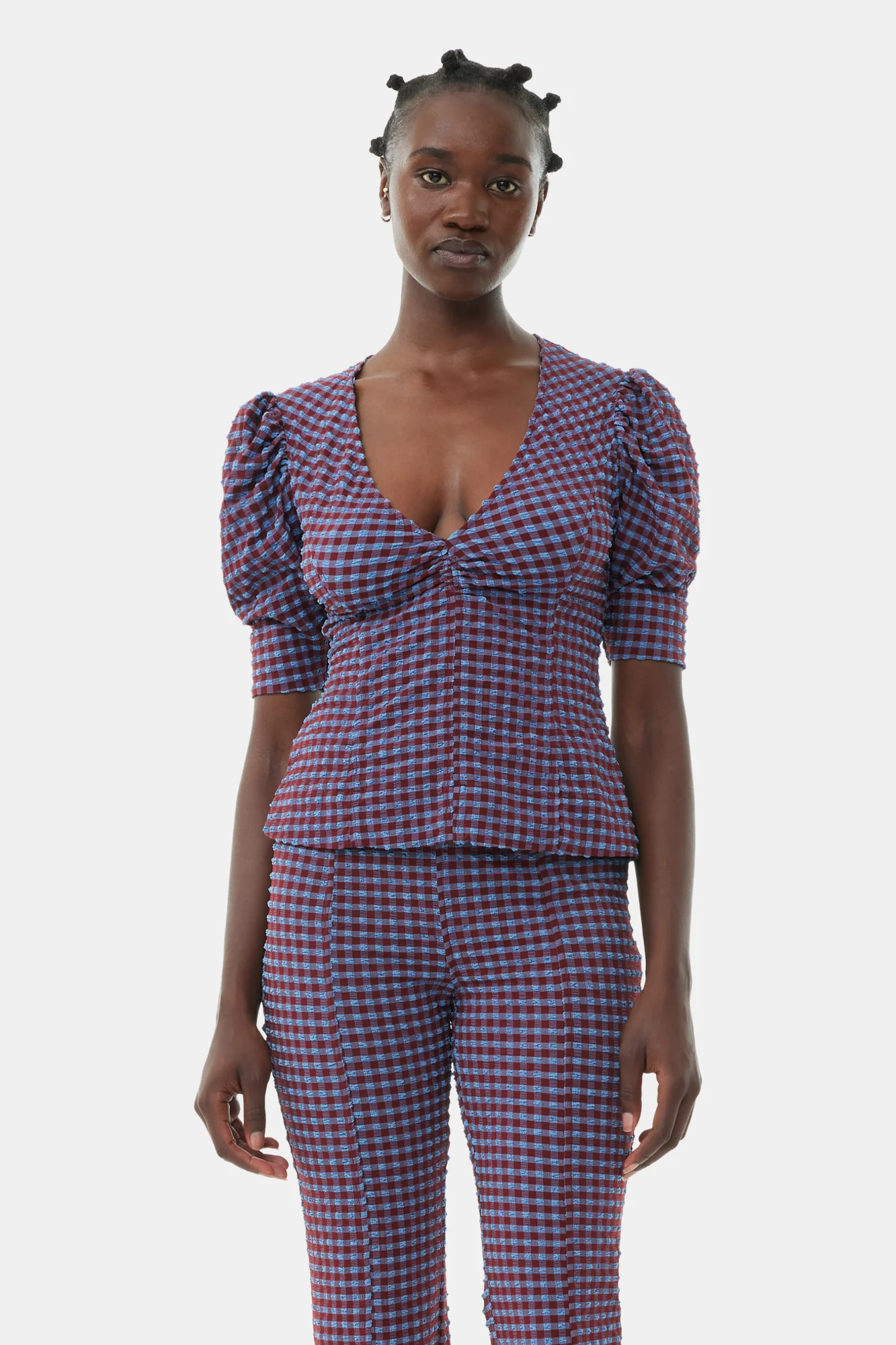 Checkered Stretch Seersucker Frill Trousers | Racing Red - Image 2