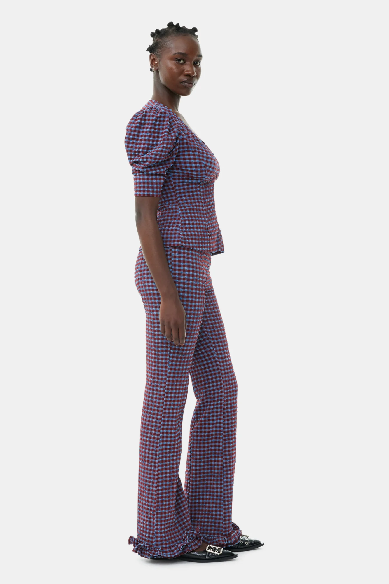 Checkered Stretch Seersucker Frill Trousers | Racing Red - Image 3