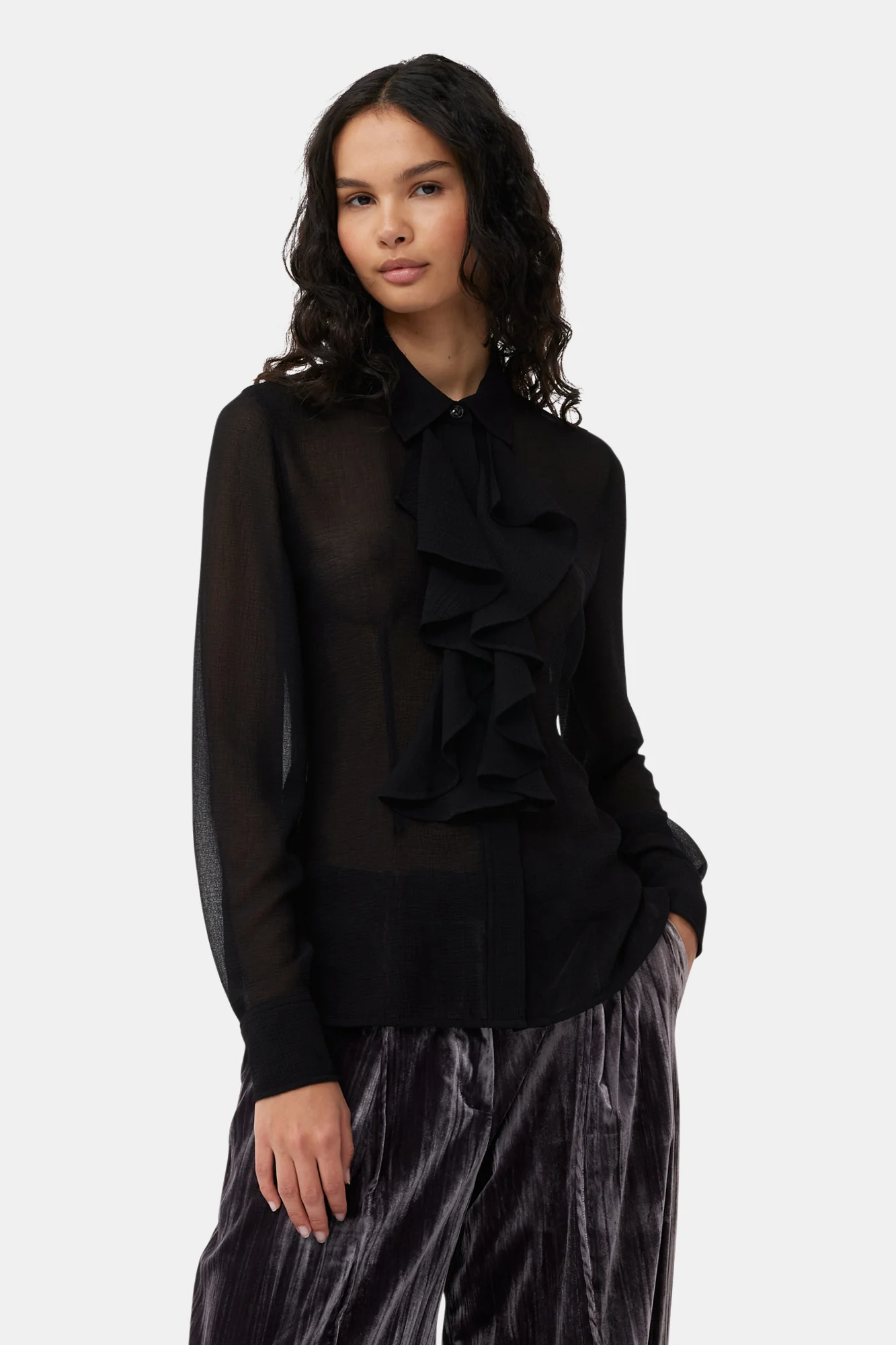 Chiffon Center Ruffle Shirt | Black - Image 8