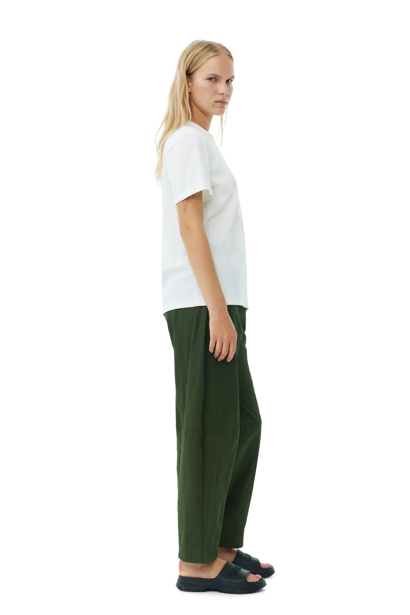 Cotton Crepe Elasticated Curve Trousers | Kombu Green - Image 5