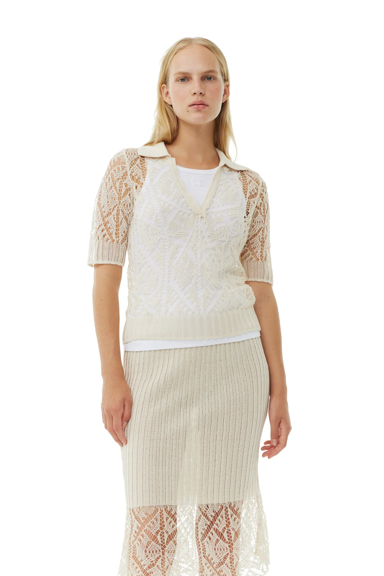 Cotton Lace Polo Sweater | Egret - Image 3