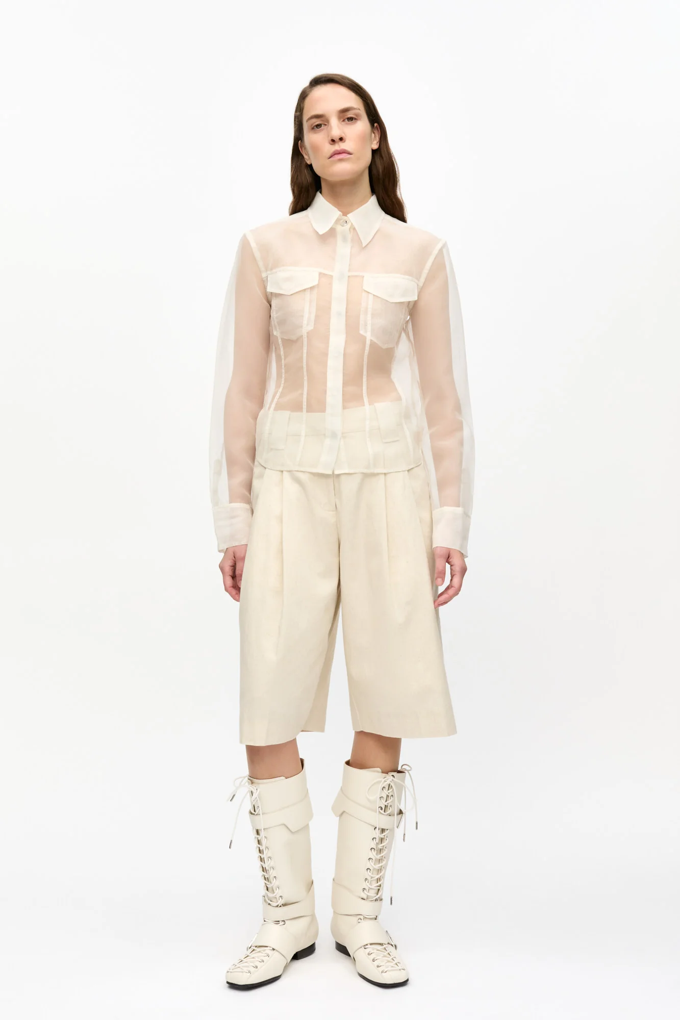 Cotton Melange Tailoring Wide Shorts | Angora - Image 3