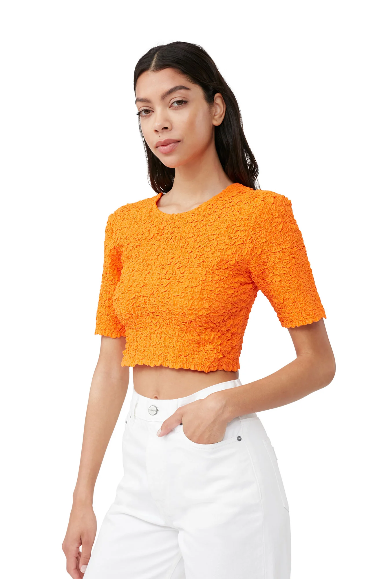Cotton Poplin Cropped Smock Top | Vibrant Orange - Image 7