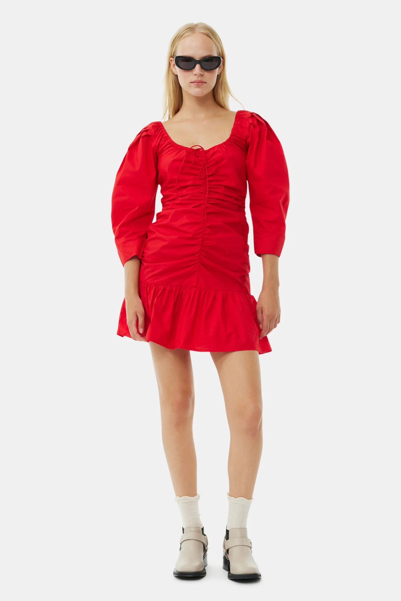 Cotton Poplin Gathered U-Neck Mini Dress | Racing Red - Image 3