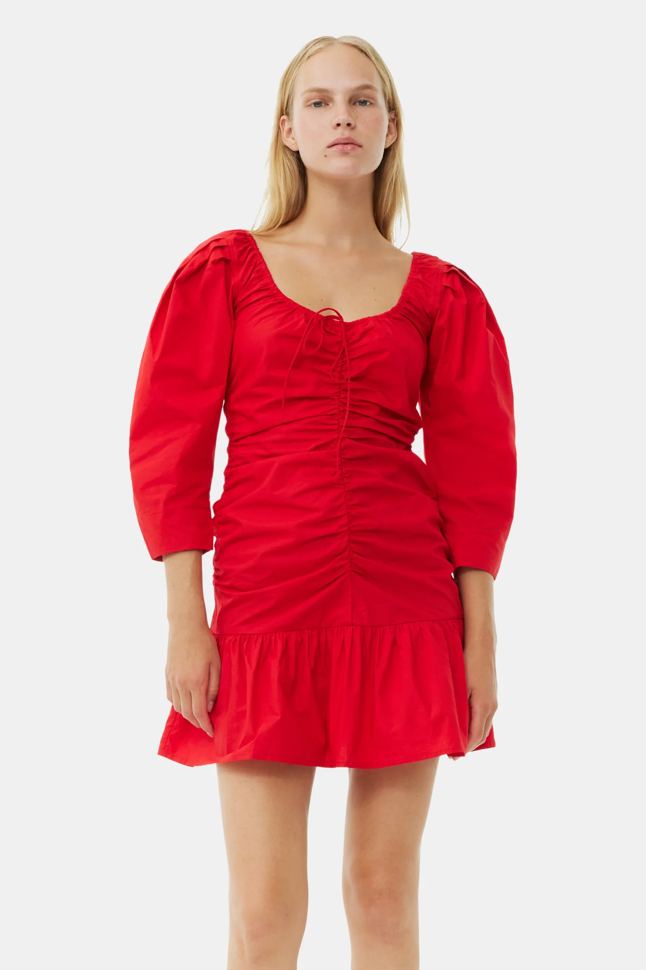 Cotton Poplin Gathered U-Neck Mini Dress | Racing Red - Image 4