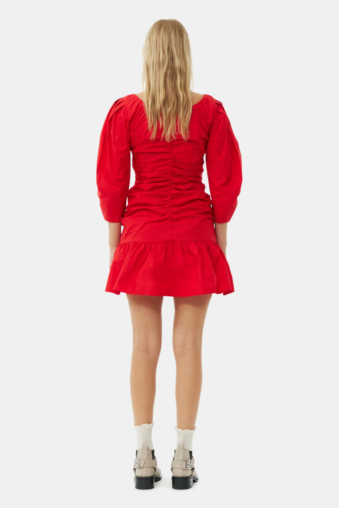 Cotton Poplin Gathered U-Neck Mini Dress | Racing Red - Image 6