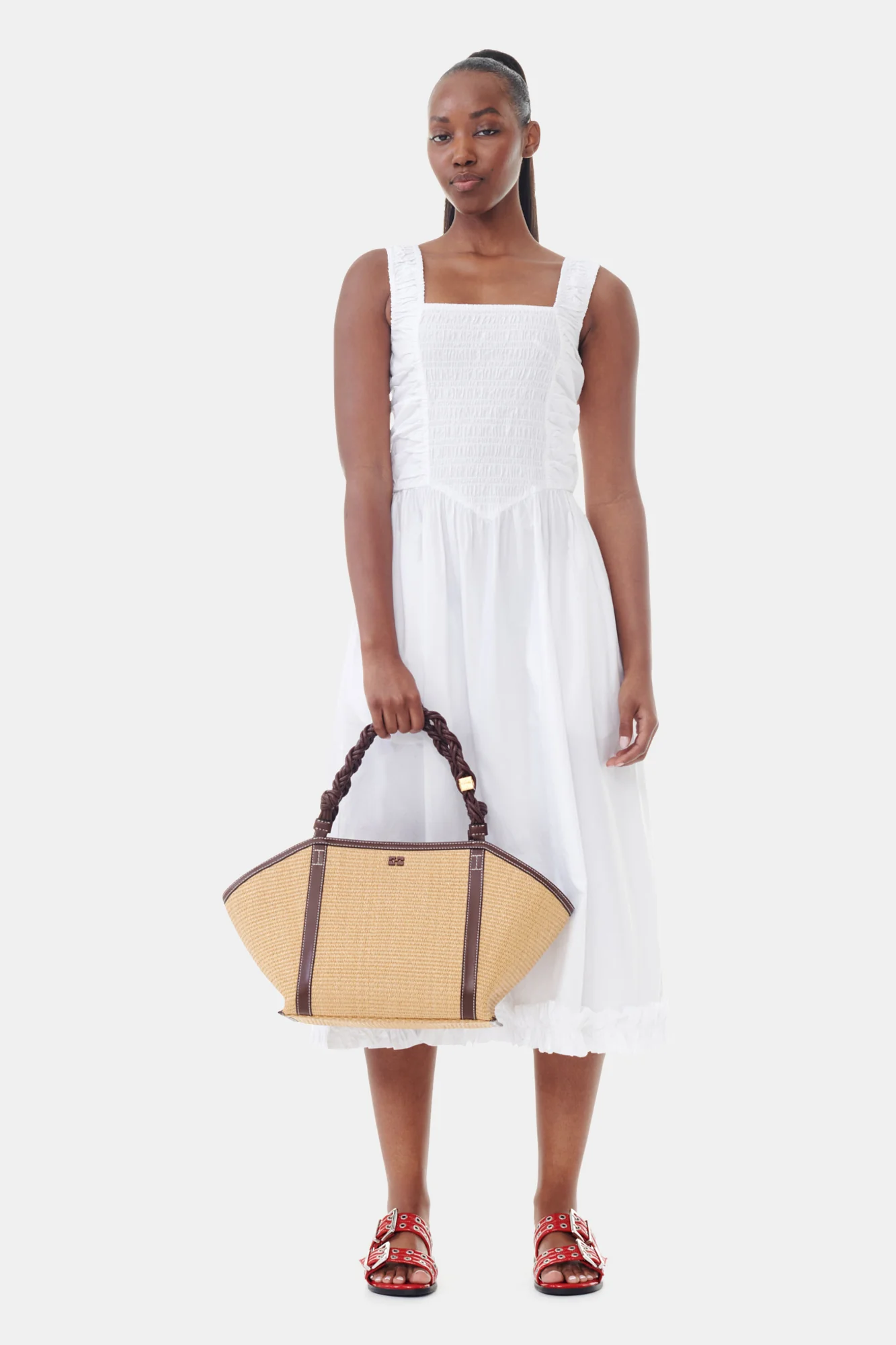 Cotton Poplin Midi Strap Smock Dress | Bright White - Image 3