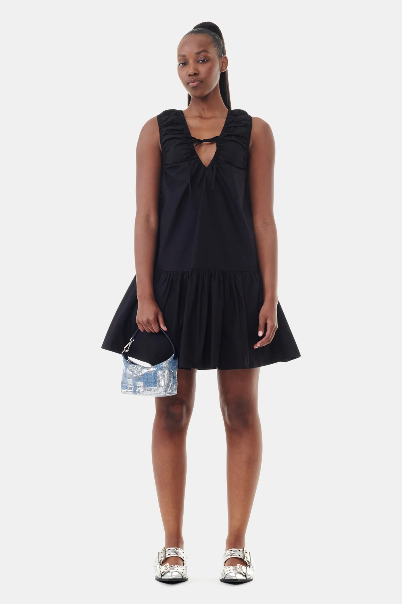 Cotton Poplin Mini Dress | Black - Image 3
