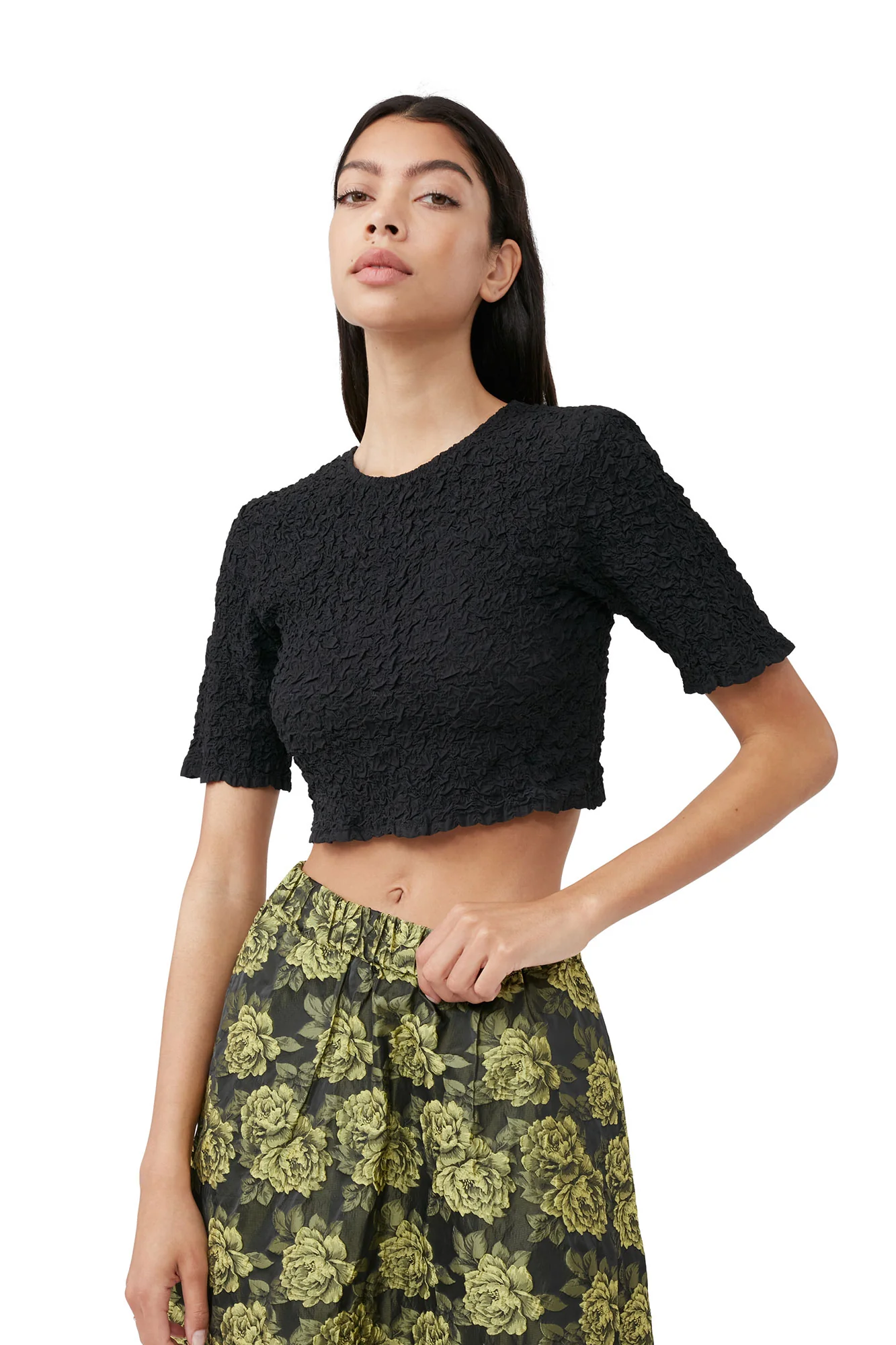 Cotton Poplin O-neck Cropped Smock Top | Black - Image 8