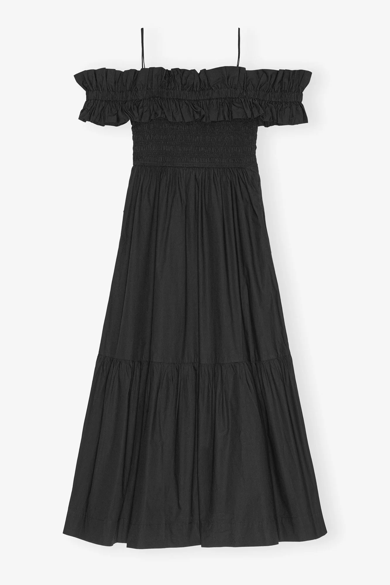 Cotton Poplin Off-Shoulder Neck Long Smock Dress | Black