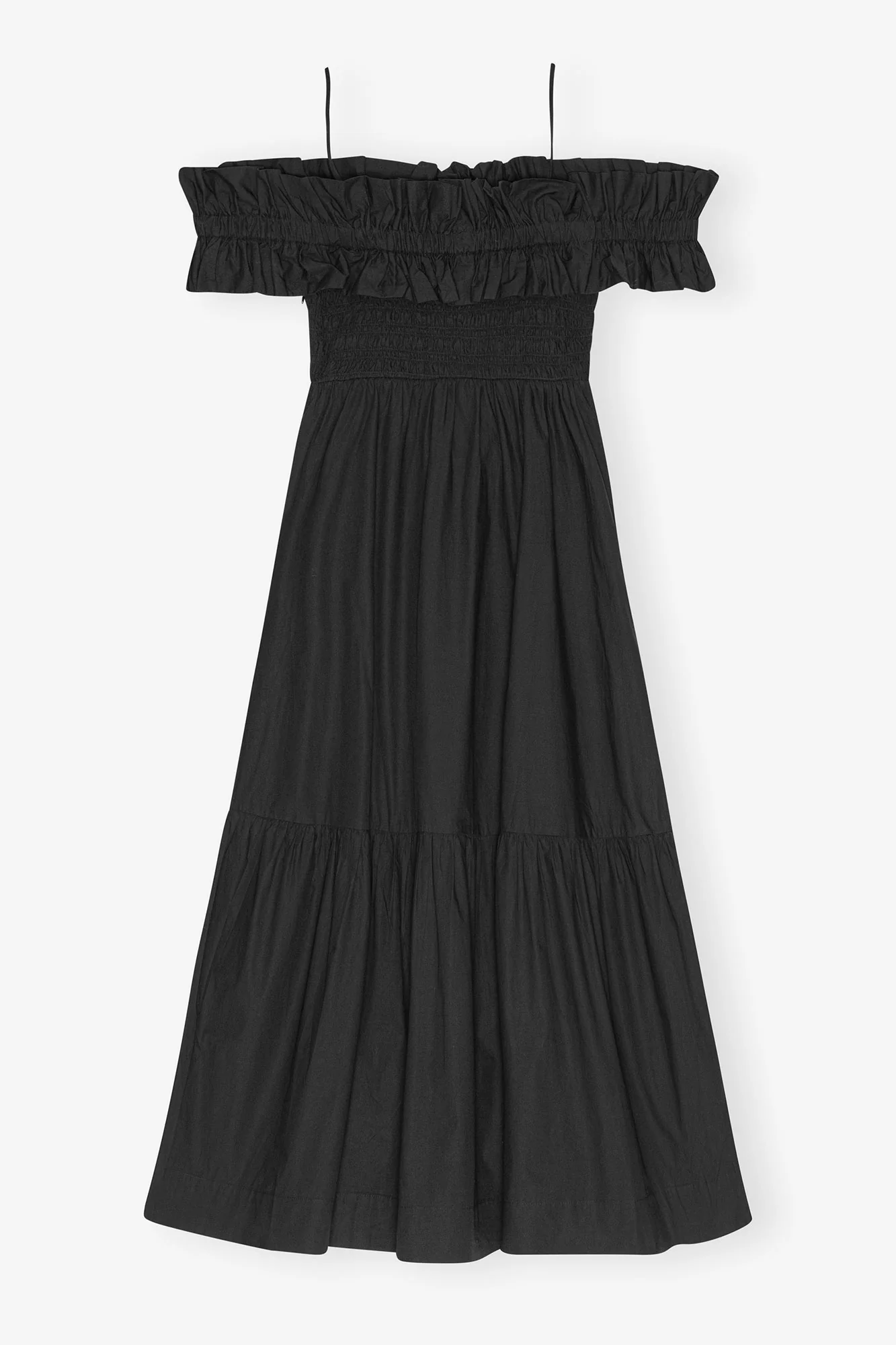 Cotton Poplin Off-Shoulder Neck Long Smock Dress | Black - Image 2