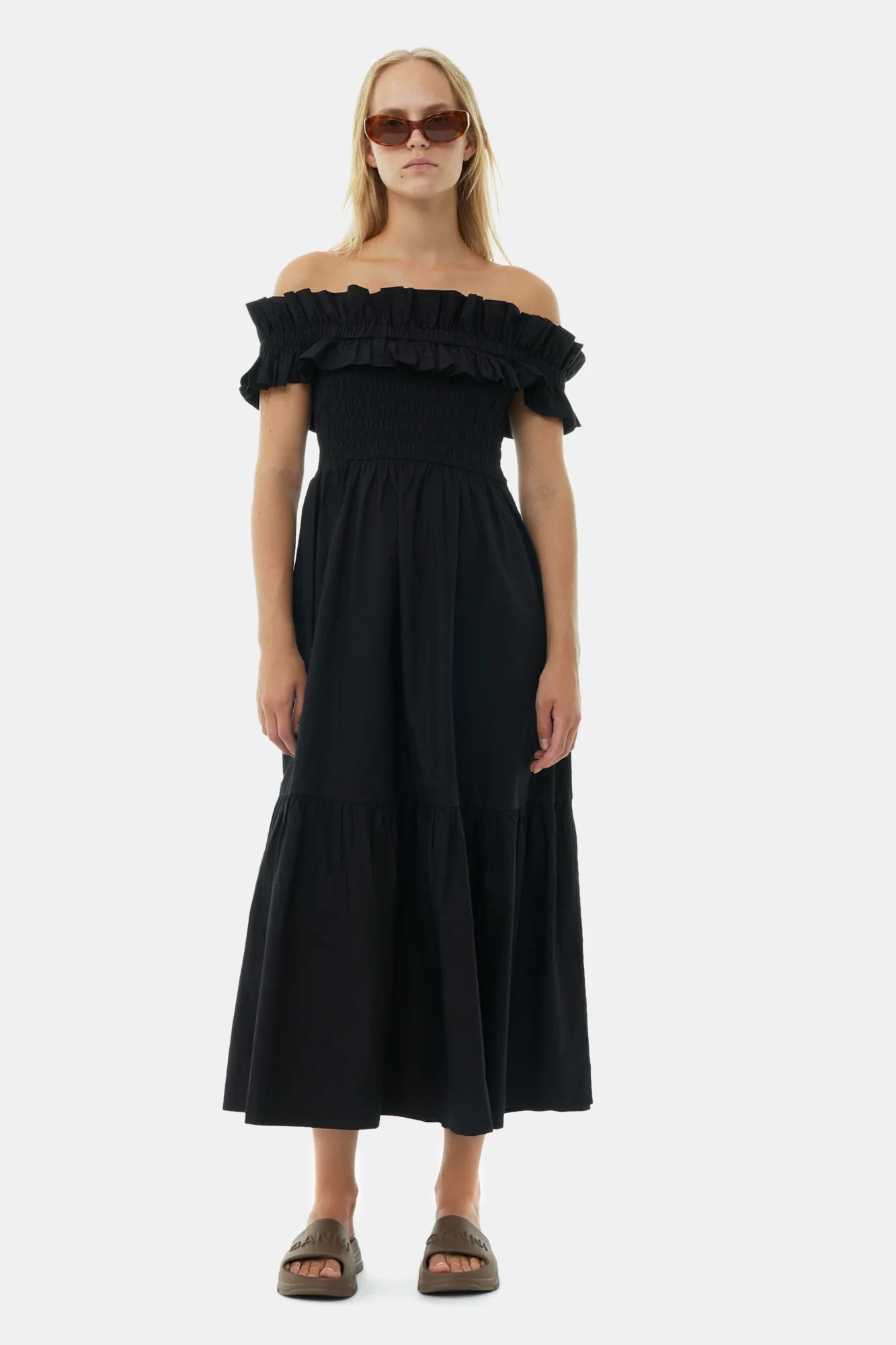 Cotton Poplin Off-Shoulder Neck Long Smock Dress | Black - Image 3