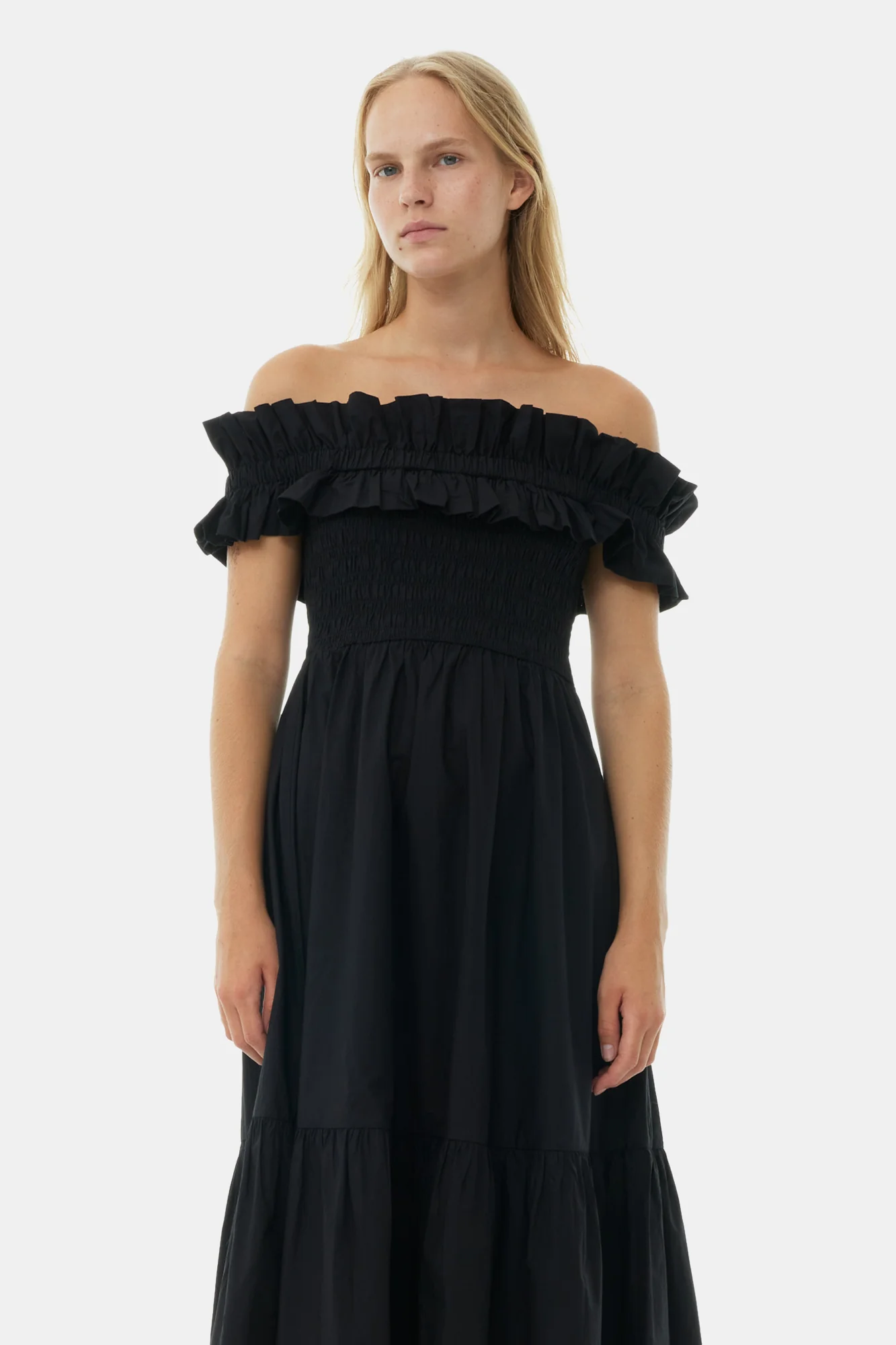 Cotton Poplin Off-Shoulder Neck Long Smock Dress | Black - Image 4