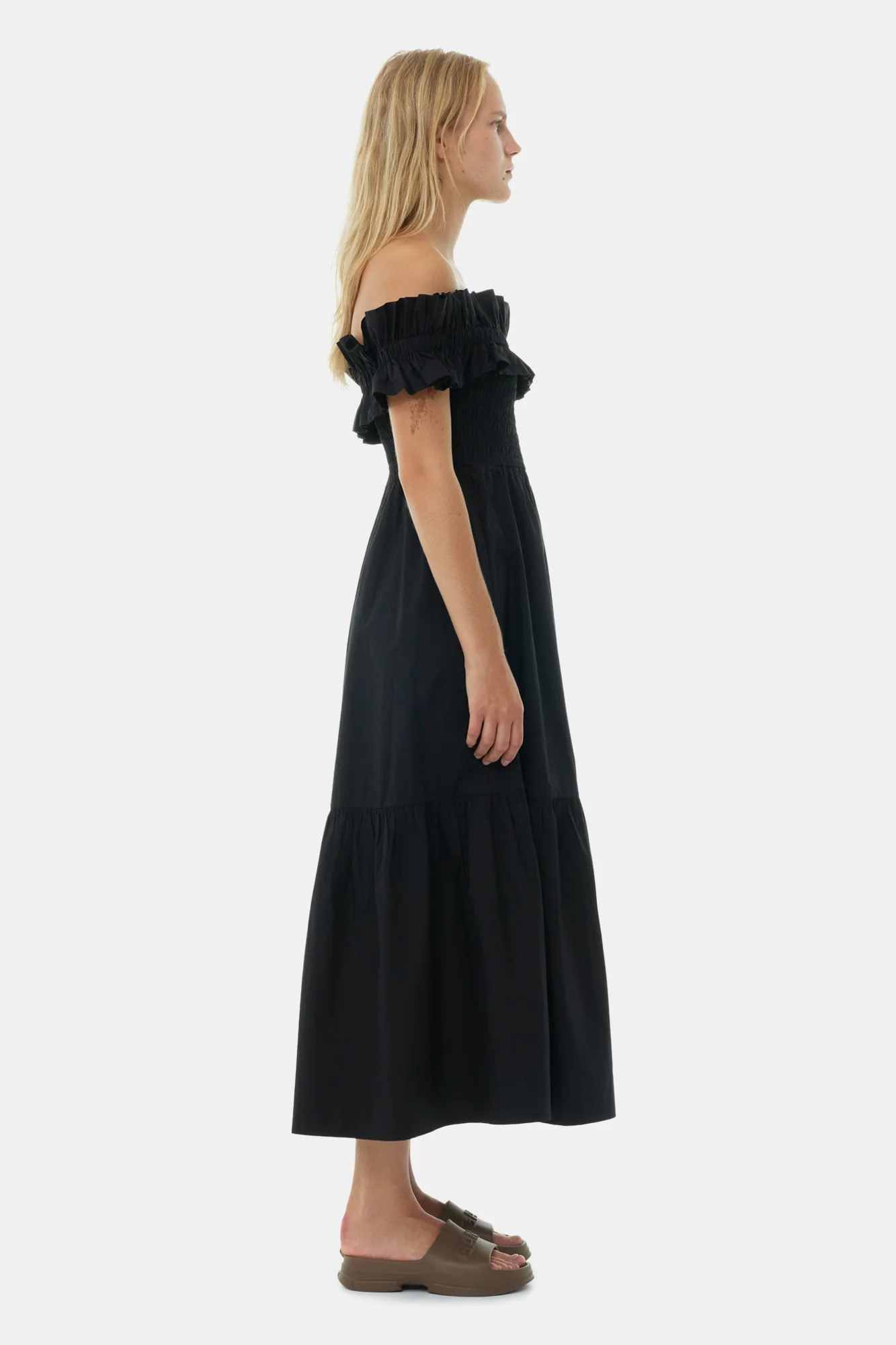 Cotton Poplin Off-Shoulder Neck Long Smock Dress | Black - Image 5