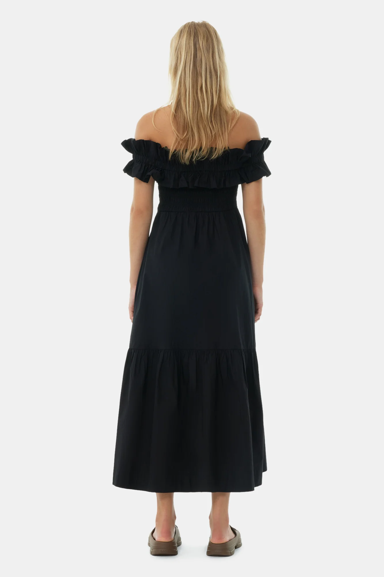 Cotton Poplin Off-Shoulder Neck Long Smock Dress | Black - Image 6