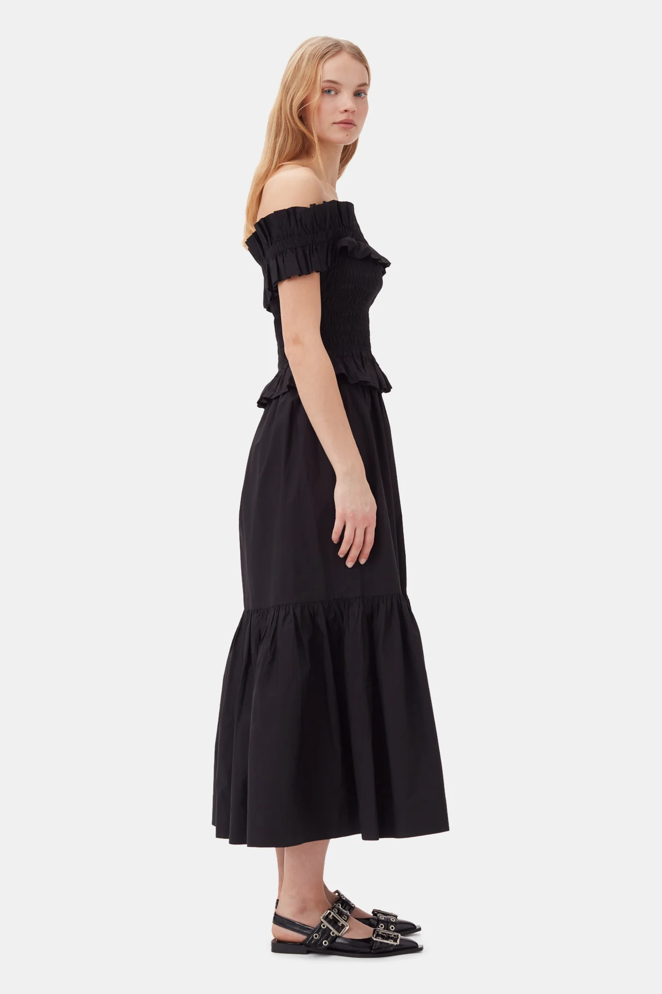 Cotton Poplin Off-shoulder Smock Top | Black - Image 10
