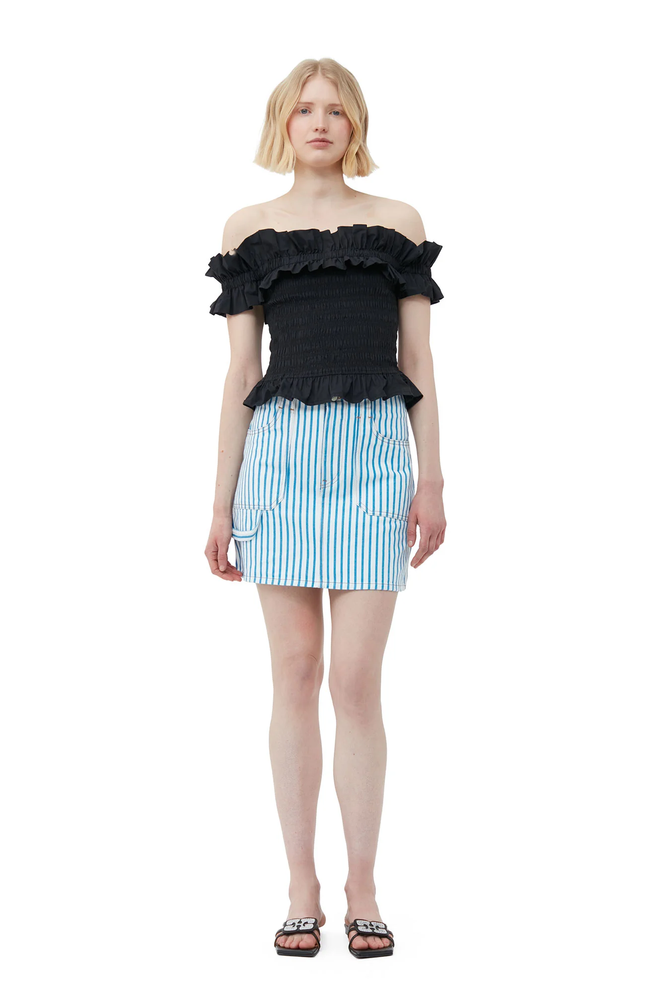 Cotton Poplin Off-shoulder Smock Top | Black - Image 5
