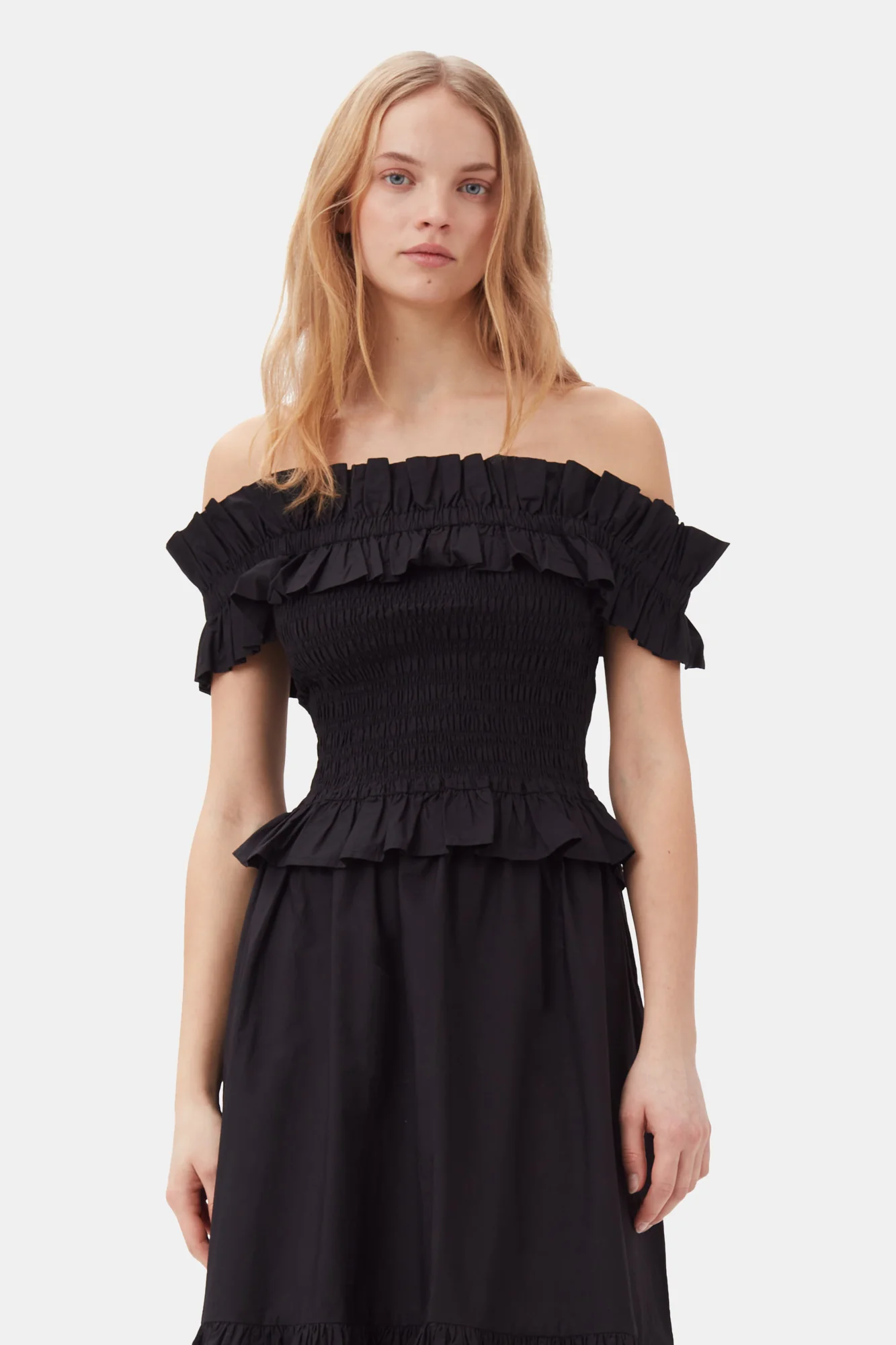 Cotton Poplin Off-shoulder Smock Top | Black - Image 6