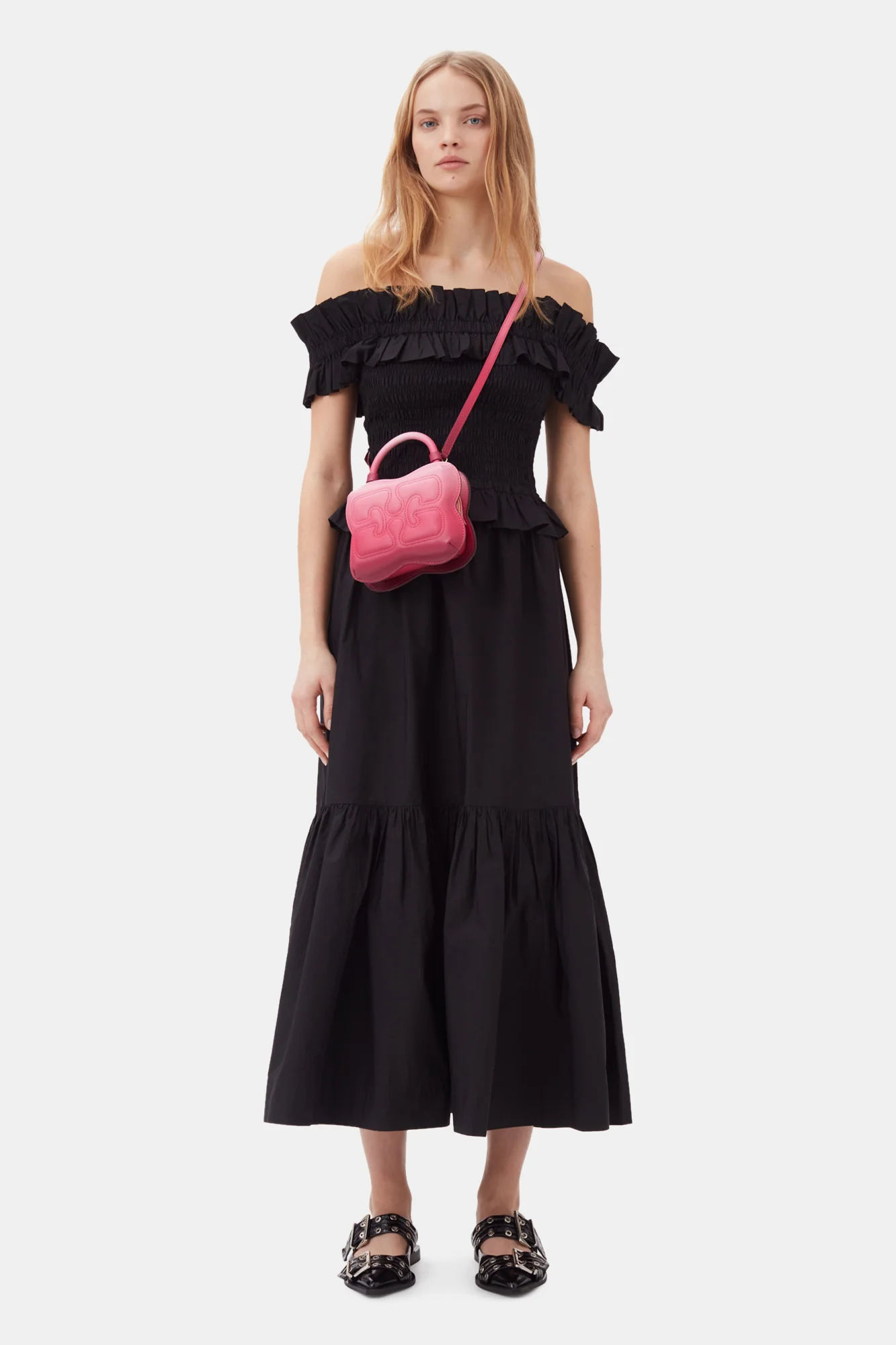 Cotton Poplin Off-shoulder Smock Top | Black - Image 8