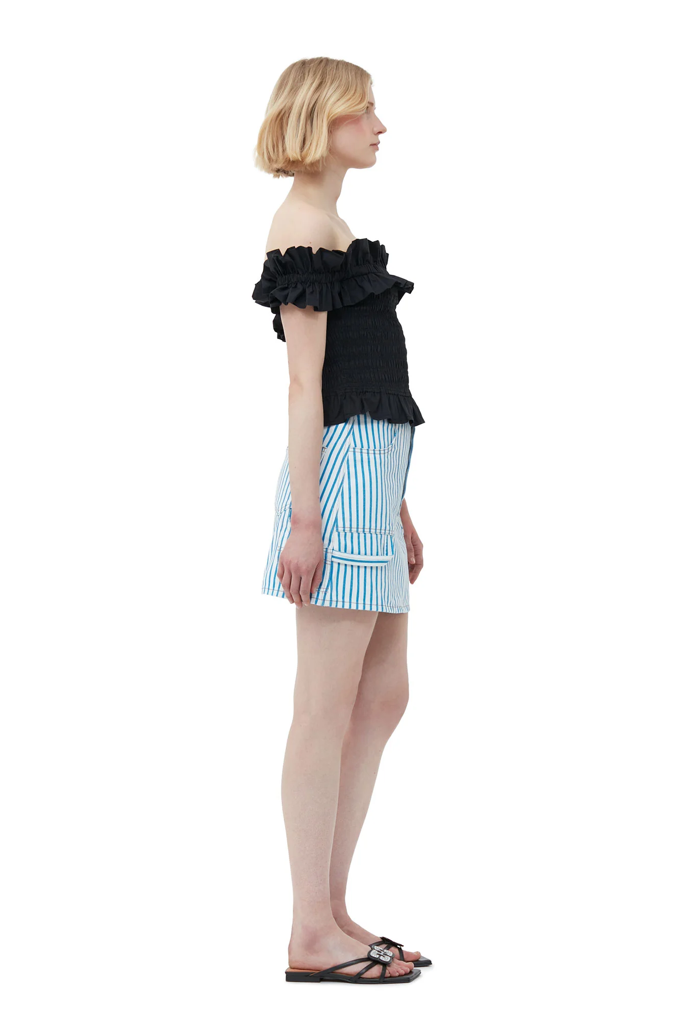 Cotton Poplin Off-shoulder Smock Top | Black - Image 9