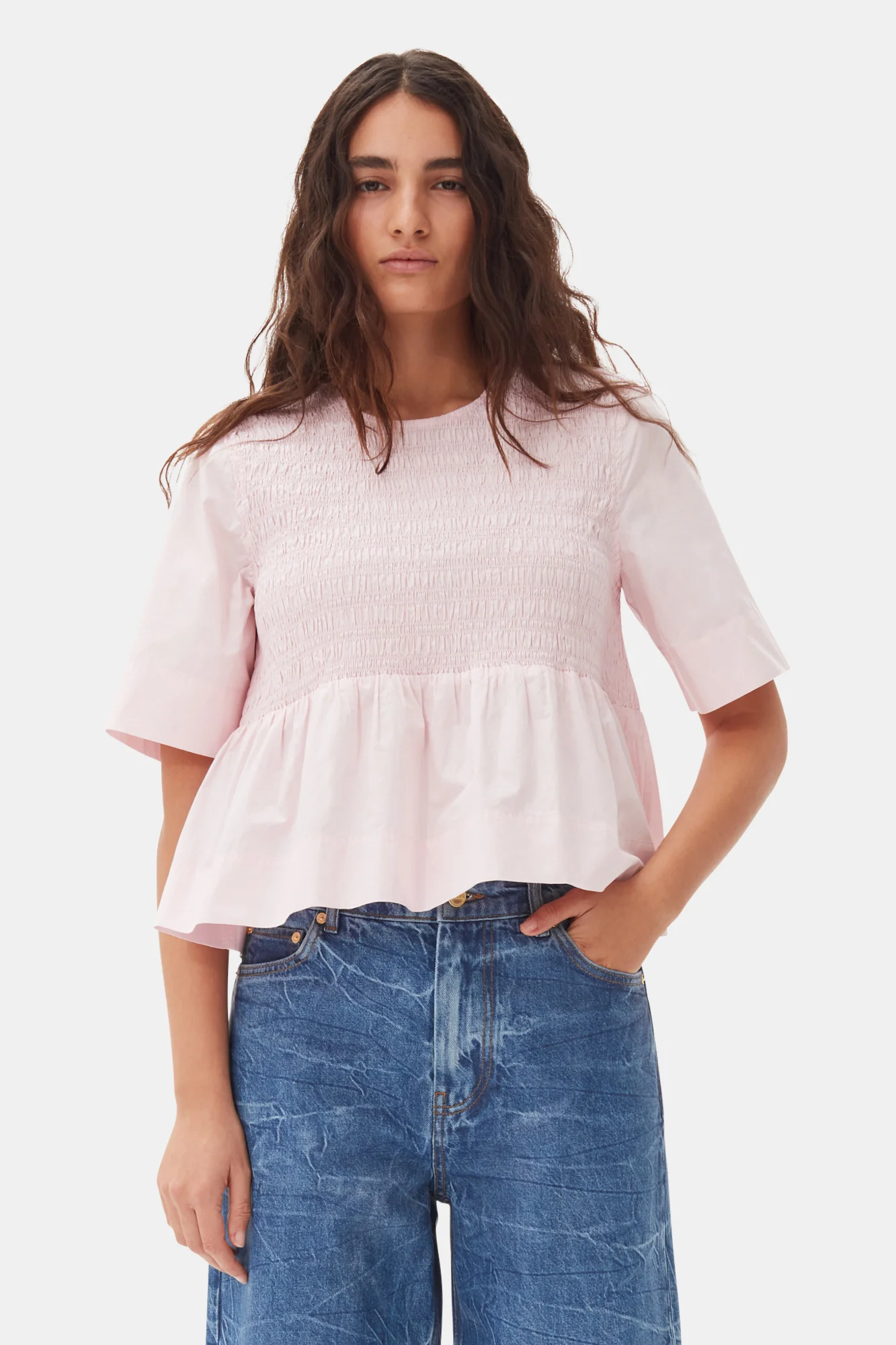 Cotton Poplin Open Back Smock Blouse | Chalk Pink - Image 3