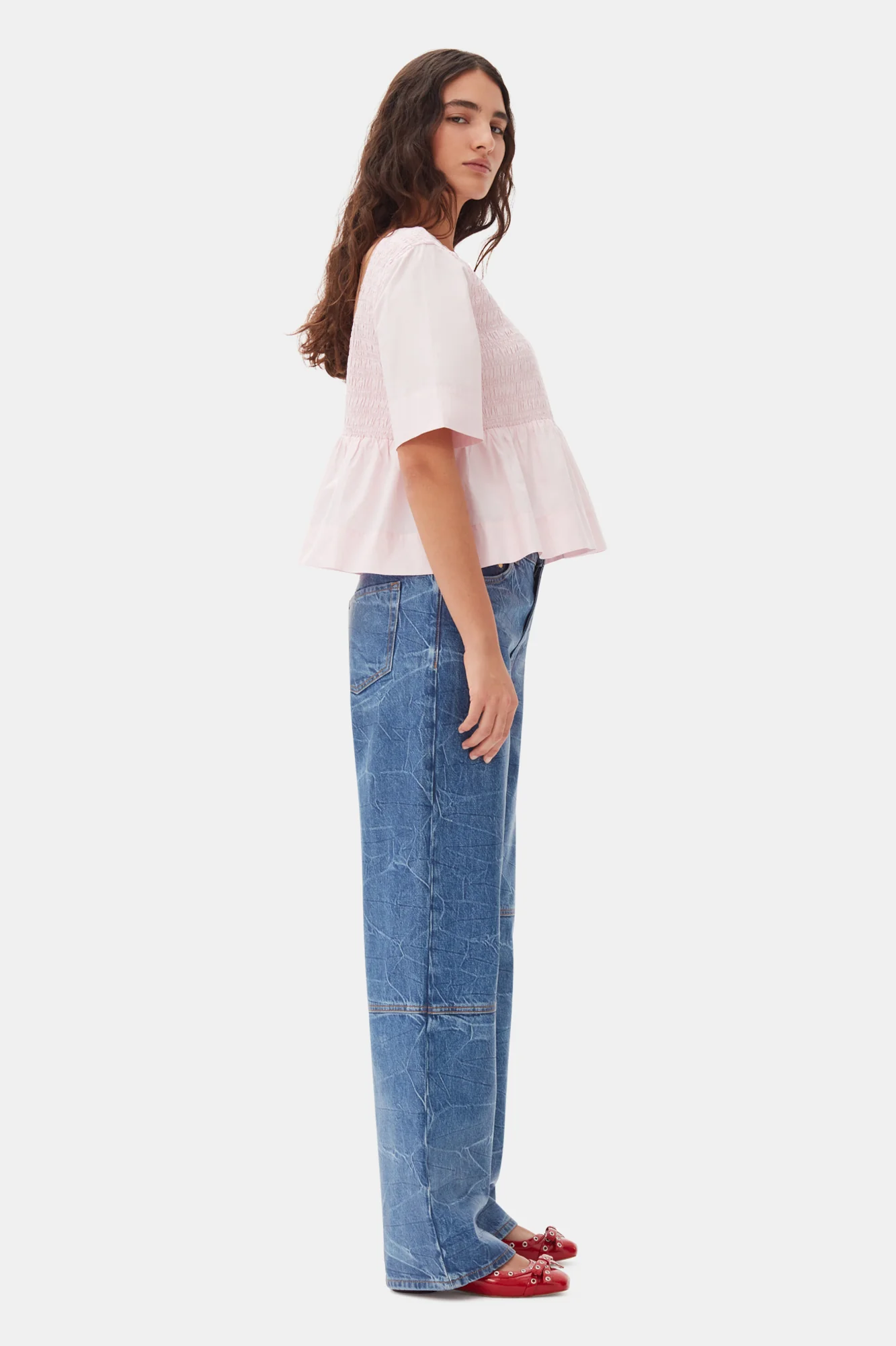 Cotton Poplin Open Back Smock Blouse | Chalk Pink - Image 5