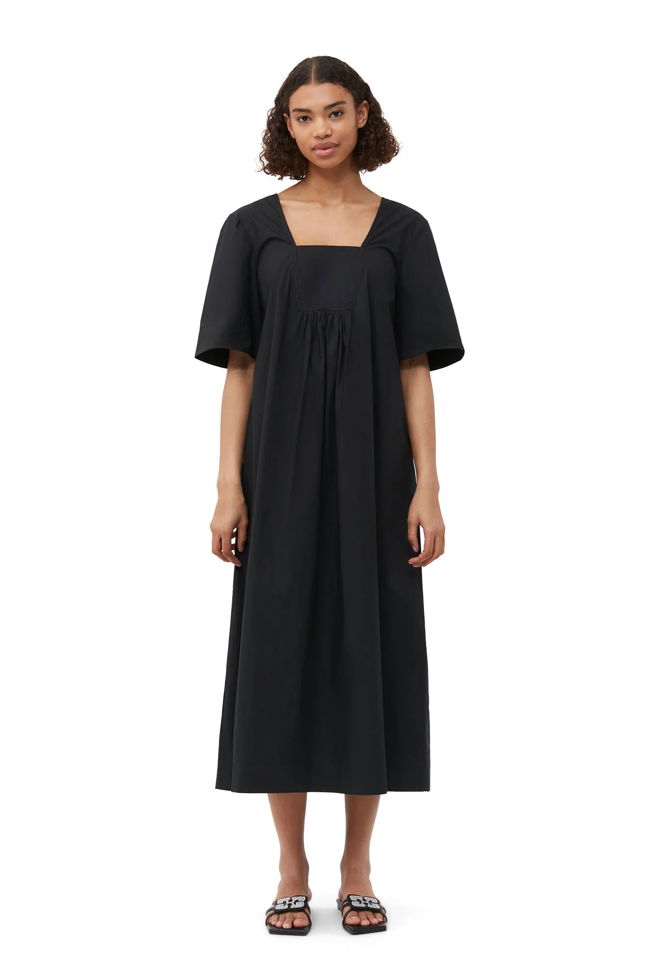 Cotton Poplin Open-neck Maxi Dress | Black - Image 3