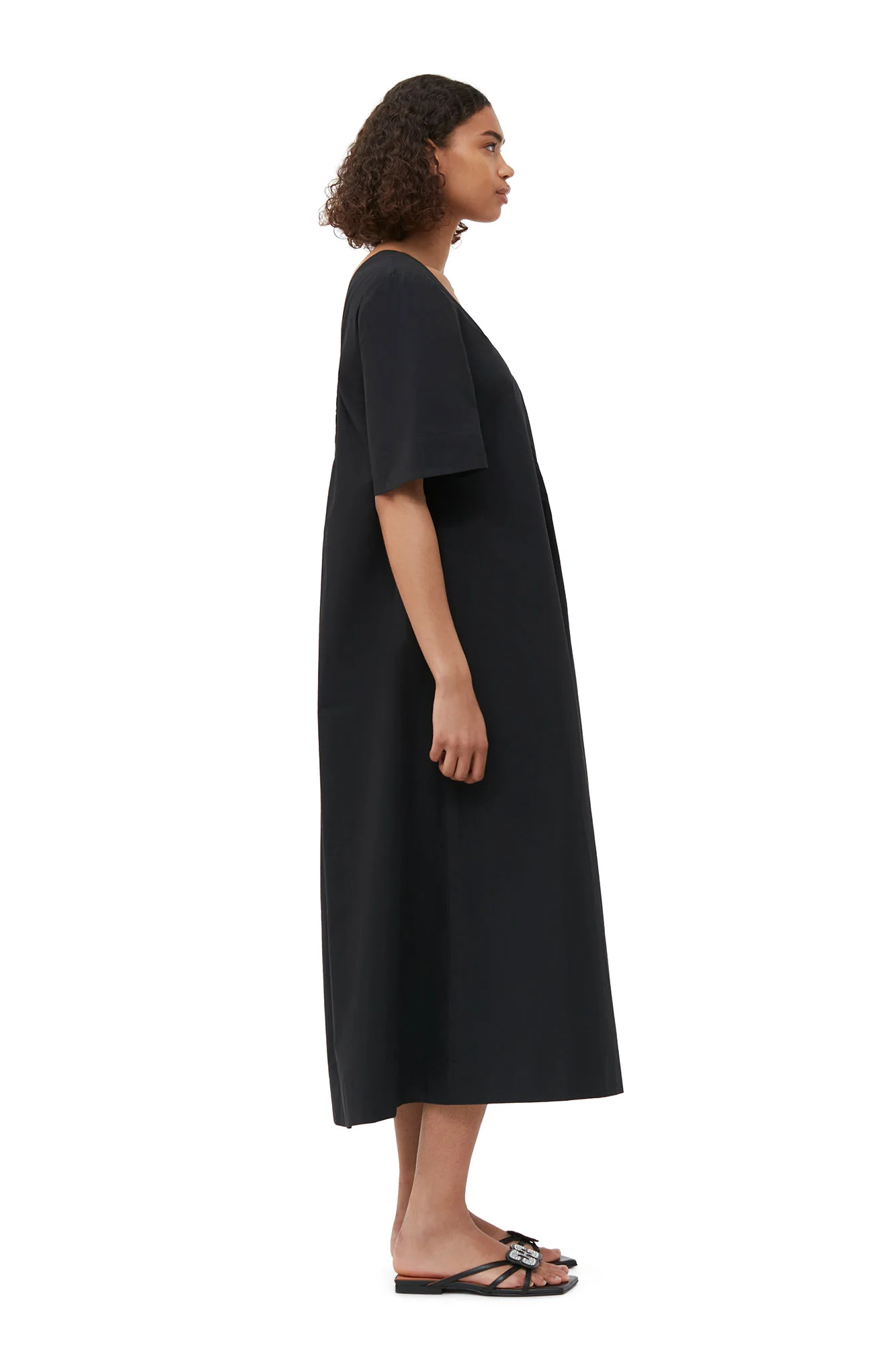 Cotton Poplin Open-neck Maxi Dress | Black - Image 5