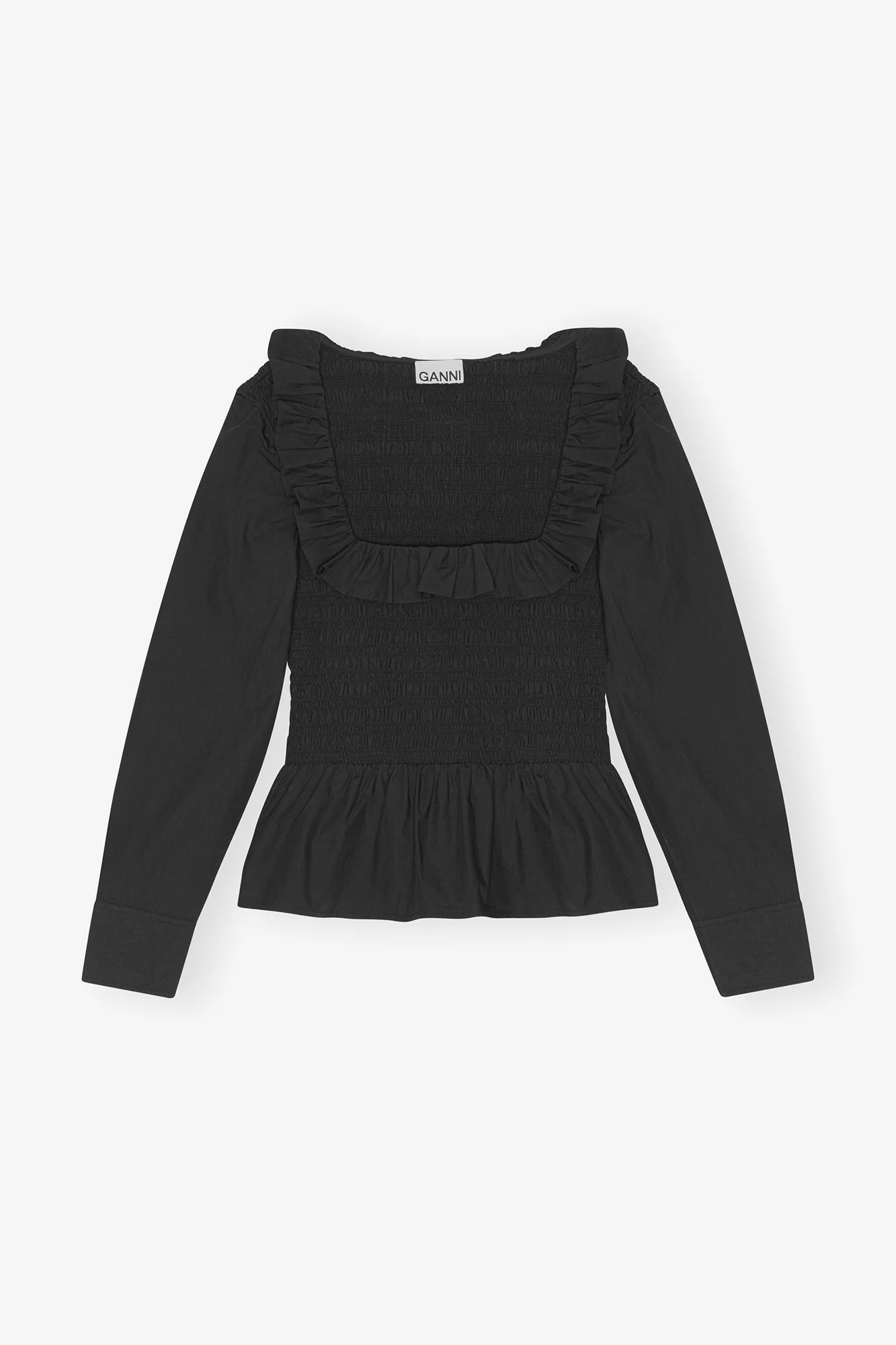 Cotton Poplin Open-neck Smock Blouse | Black - Image 2