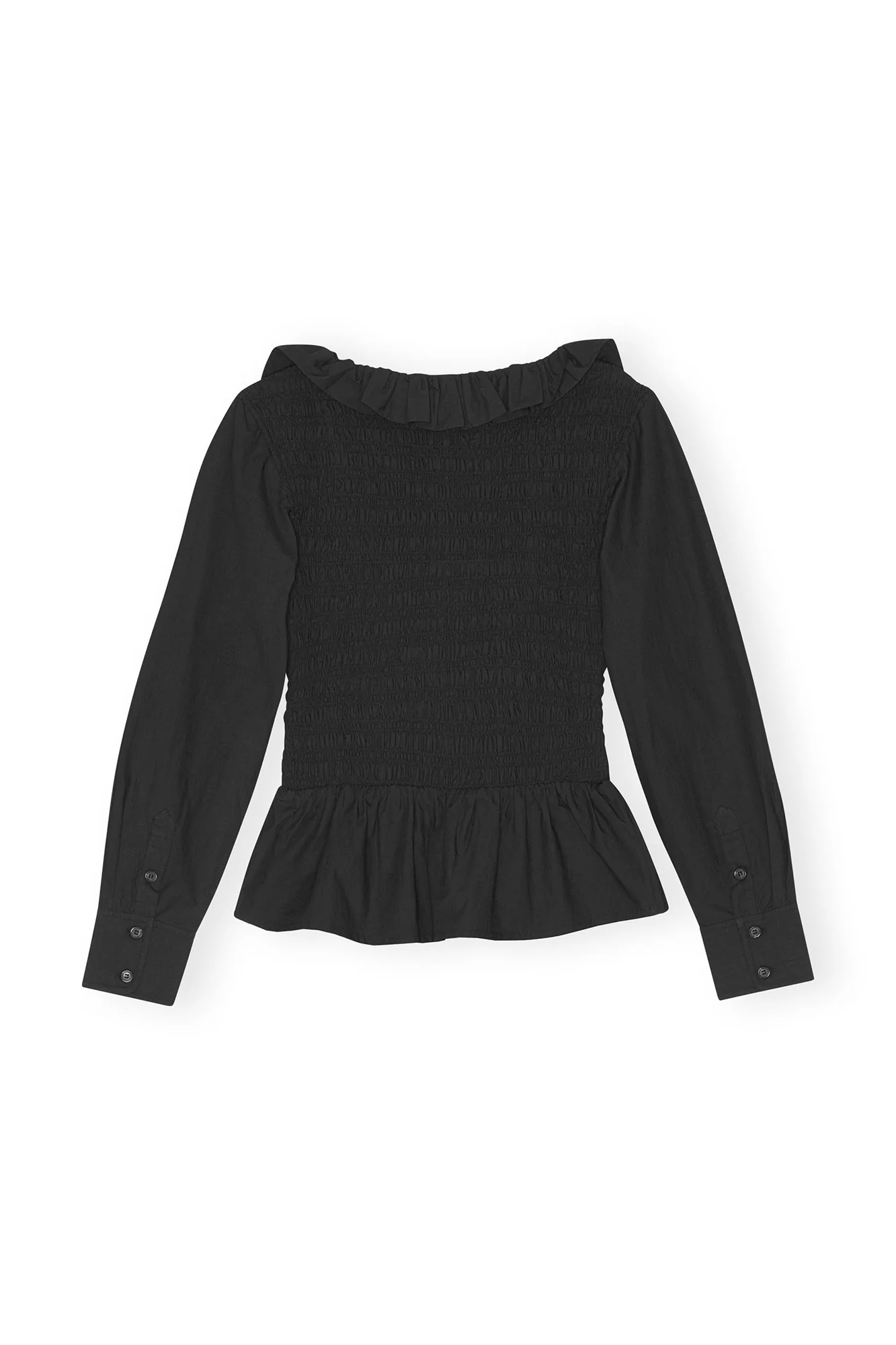 Cotton Poplin Open-neck Smock Blouse | Black - Image 3